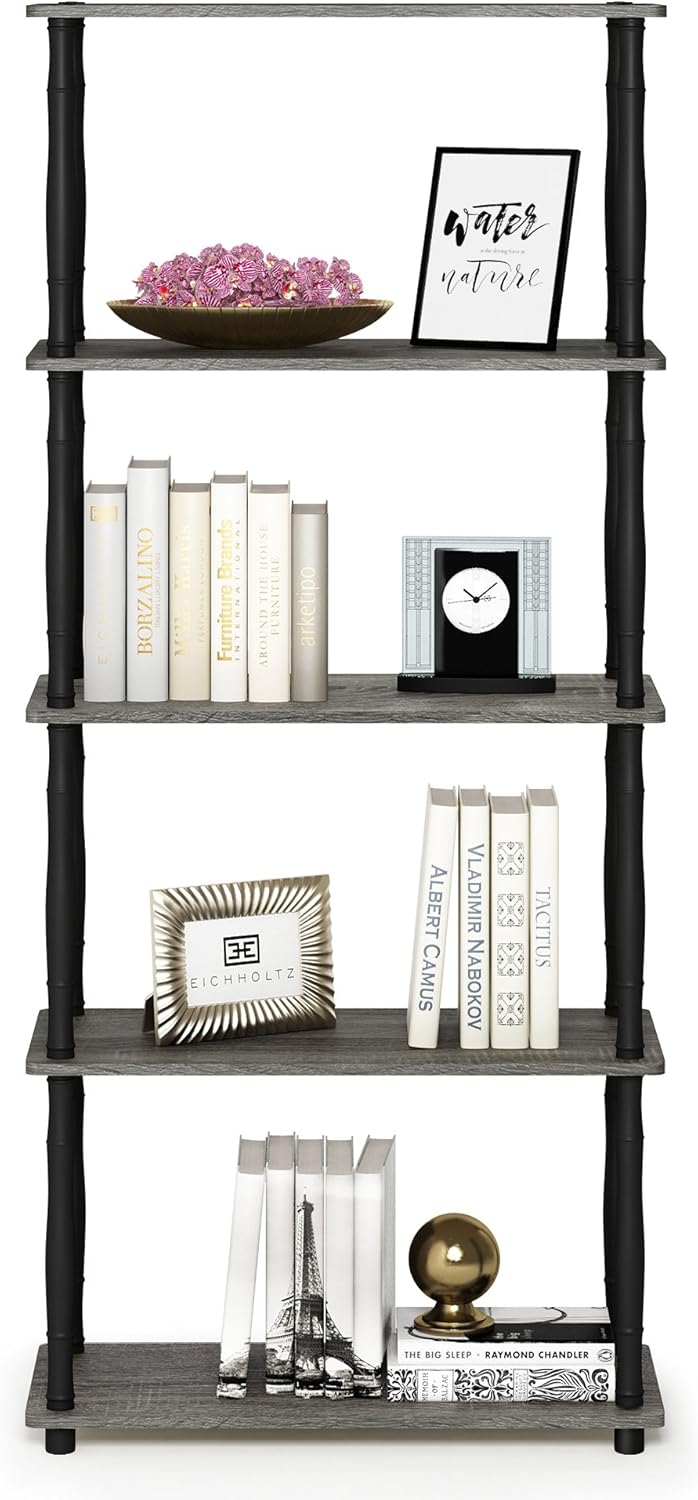 Furinno Turn-N-Tube 5-Tier Multipurpose Shelf Display Rack with Classic Tubes, French Oak Grey/Black