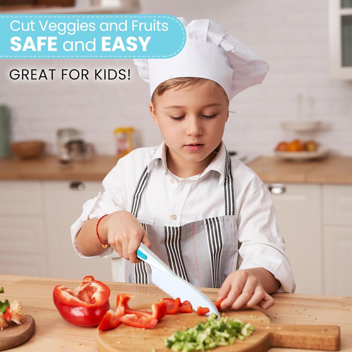 Zulay 3-Piece Kids Knife Set for Real Cooking & Baking - Toddler Knives for Cutting Fruits, Veggies, & Cake - Children’s Montessori Knife with Serrated Edges - Safe & Fun Lettuce Knife (Blue)