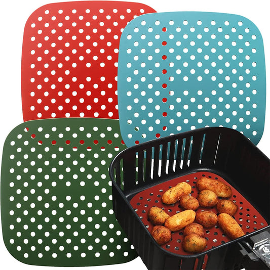 Reusable Square Silicone Air Fryer Liners (7.5 Inch, 3 Pack) by Linda’s Essentials - Non-Stick, Easy-Clean Accessories with Cheat Sheet & Recipe Book, Perfect for Quick Meals