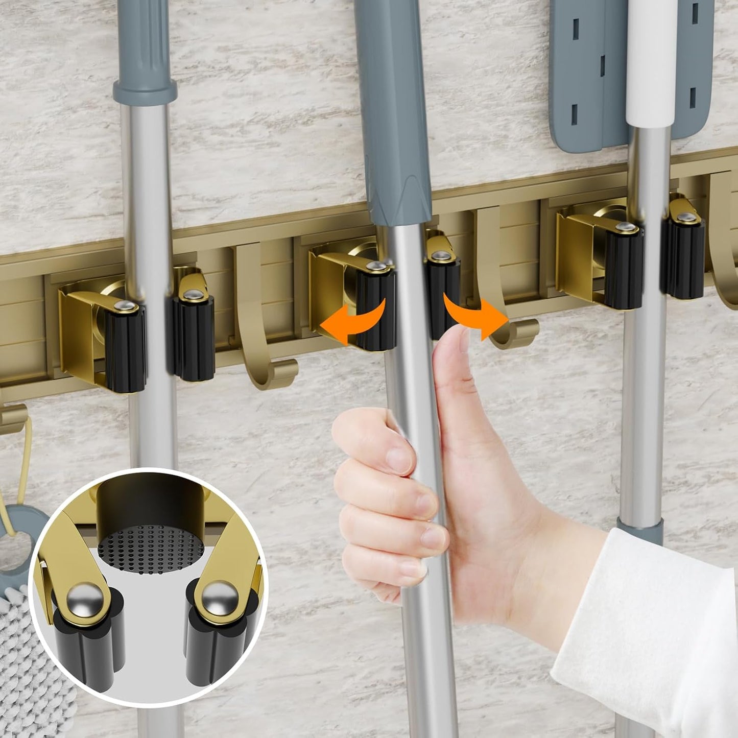 reliahom Broom Holder Wall Mount Mop and Broom Hanger Wall Mounted Garage Storage Rack Kitchen Garden Tool Organizer (4 Racks with 5 Hooks, Bronze)