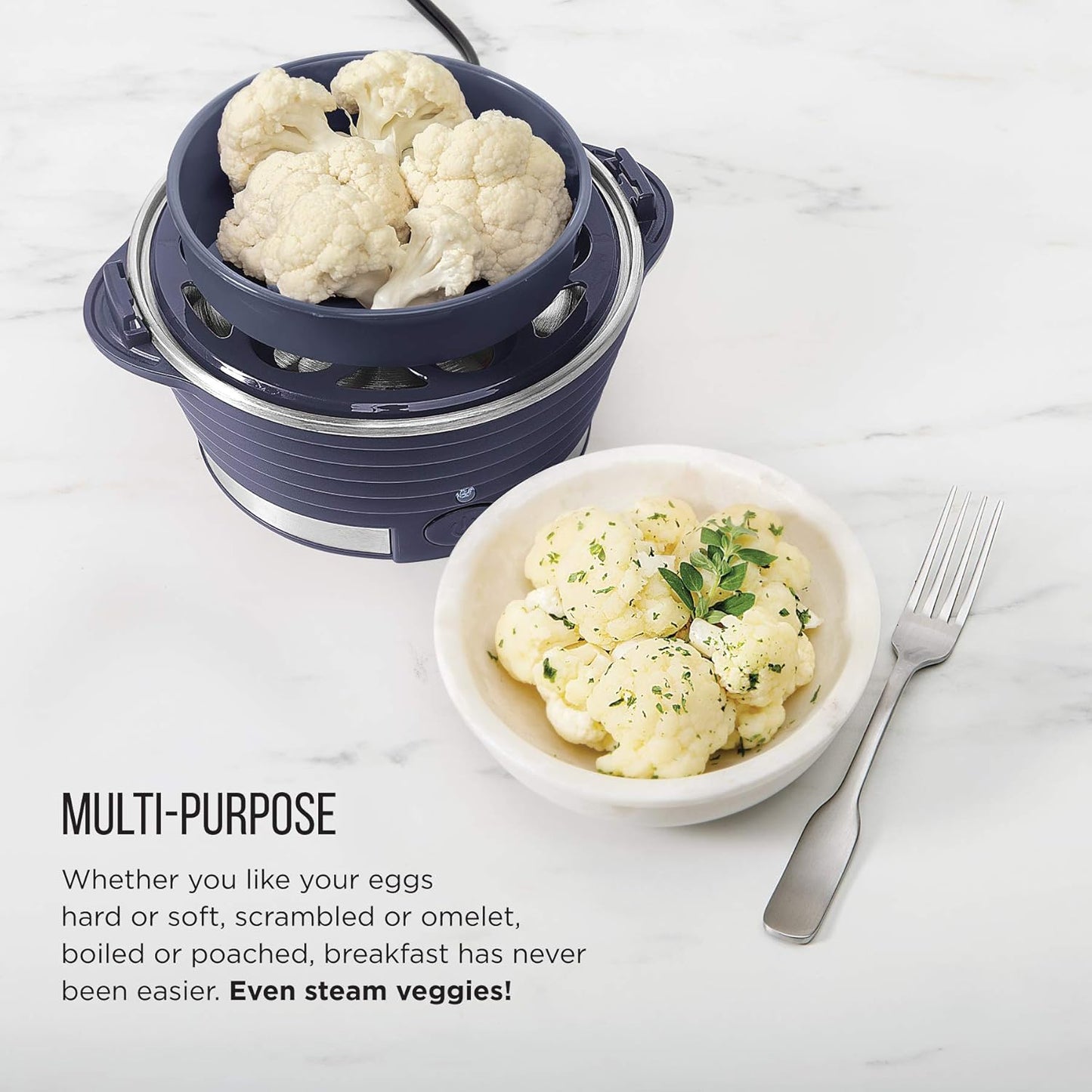 Chefman Electric Egg Cooker Boiler, Rapid Poacher, Food & Vegetable Steamer, Quickly Makes Up To 6, Hard, Medium or Soft Boiled, Poaching/Omelet Tray Included, Ready Signal, BPA-Free, Midnight Blue