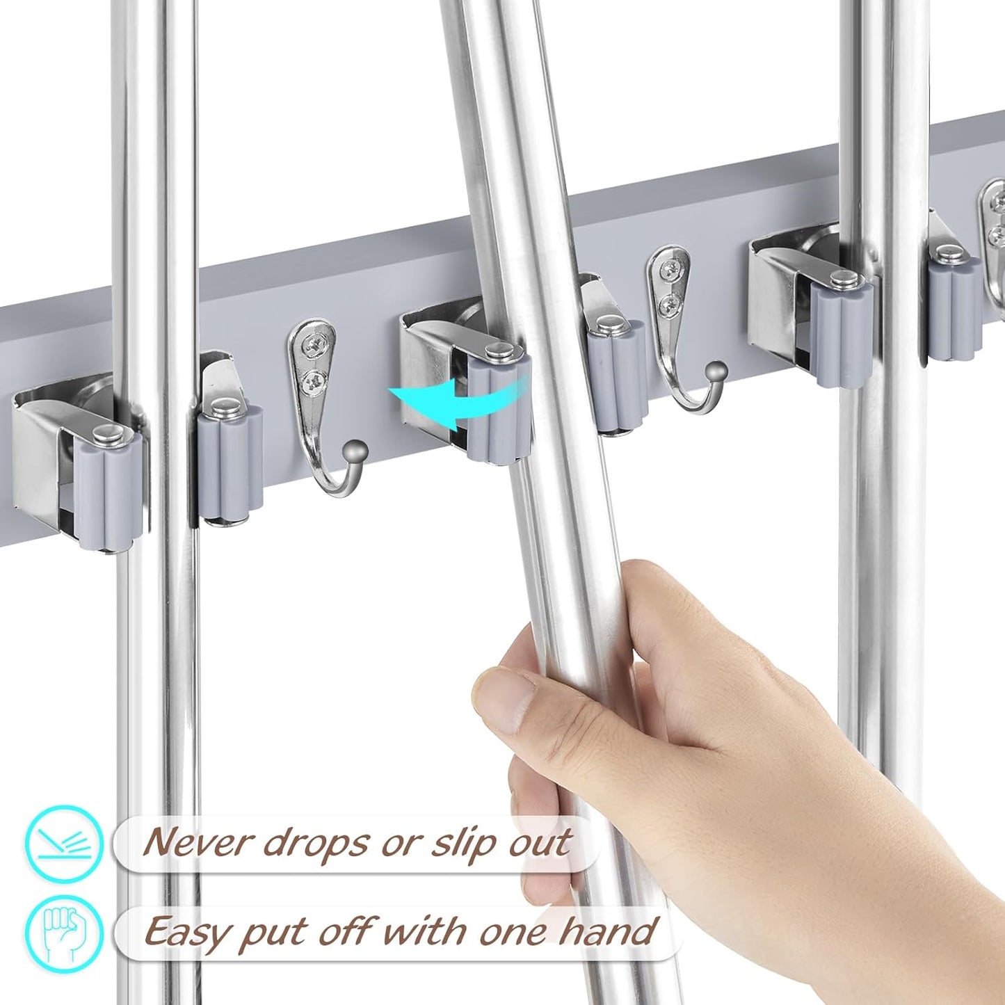 Gray Mop Broom Holder Wall Mount with 4 Slots & 4 Hooks - Wood Broom Mop Hanger for Pantry Closet Laundry Room Organization - Heavy Duty Garden Tool Organizer