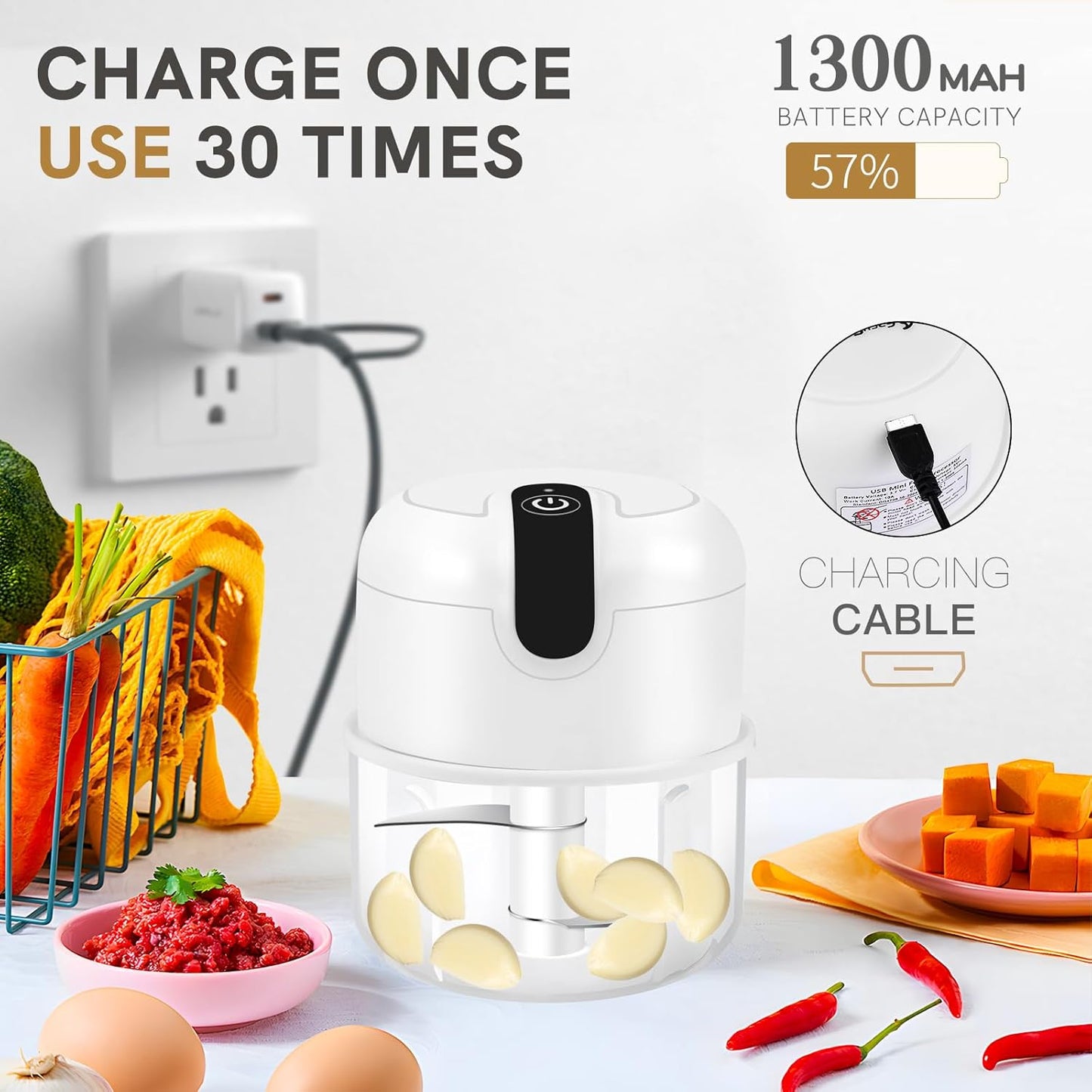 EASYSPEED Electric Garlic Chopper 1Cup, Mini USB Charging Wireless Food Processor with 304 Stainless Steel, 2 Sharp Blades, Portable Kitchen Meat Grinder for Onion, Garlic, Ginger, Chili