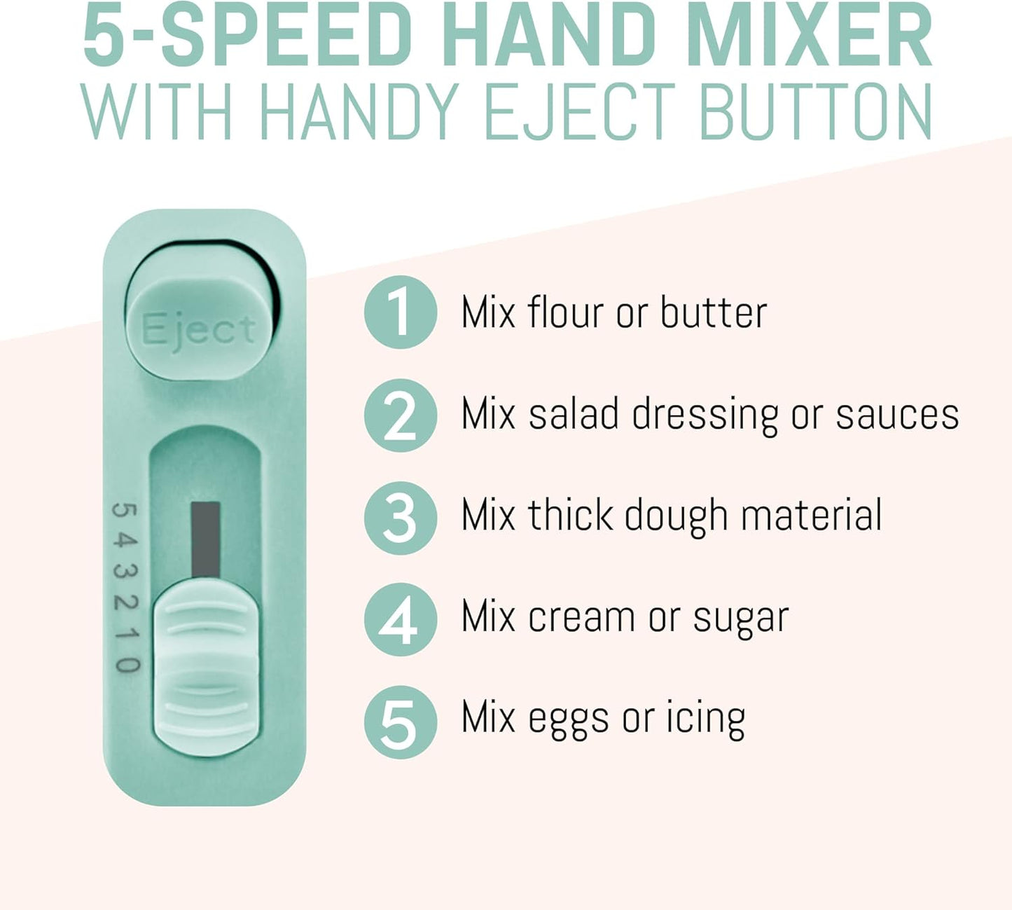 Elite Gourmet EHM003M Maxi-Matic Ultra Power Electric 5-Speed Kitchen Hand Mixer with 2 Extra Wide Stainless Steel Smooth Creamy Whipped Mixtures Plus Convenient, Beater Storage, Mint Blue