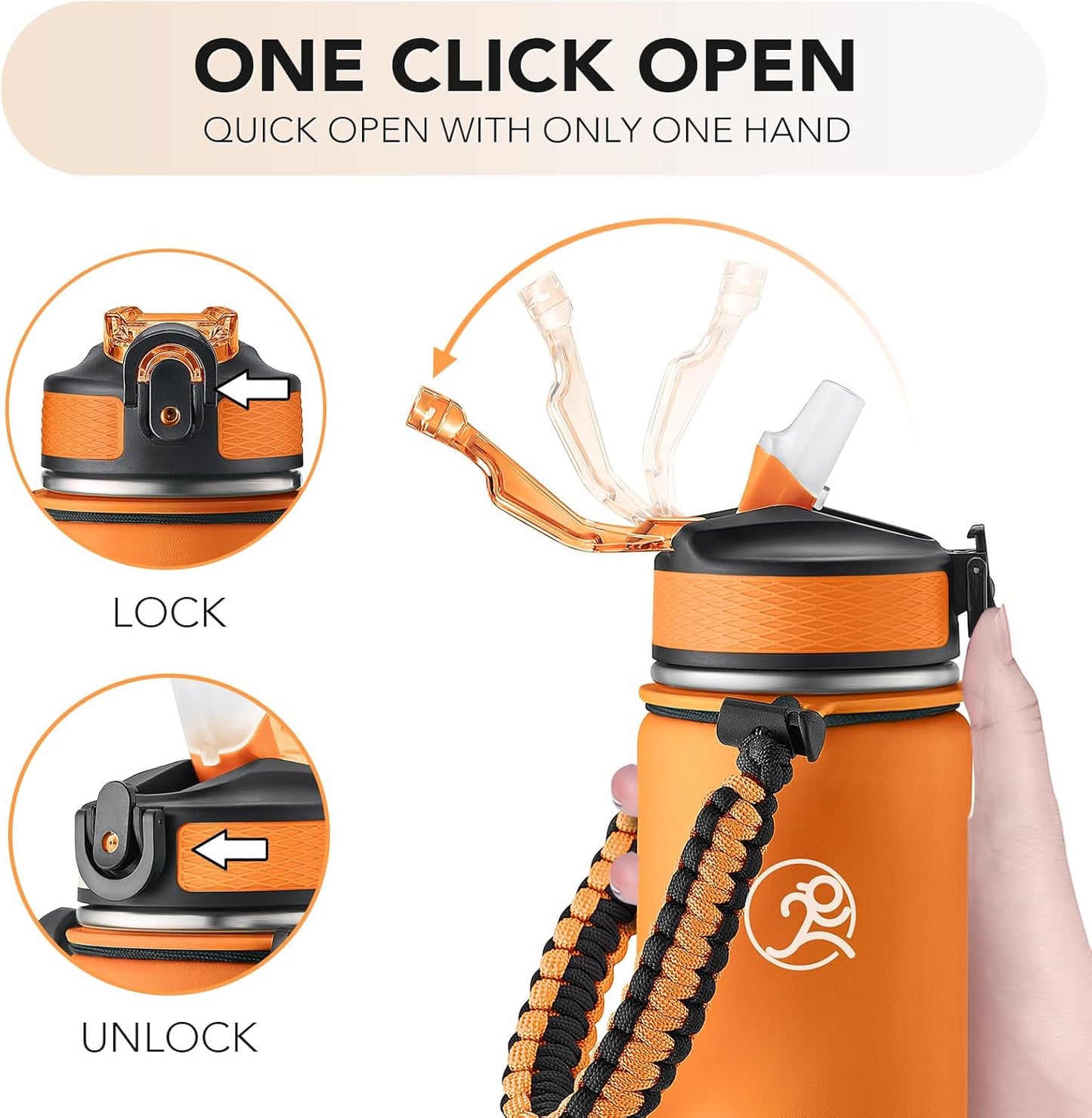 GOSWAG Insulated Sports Water Bottle, 24oz 2 Lids(with Straw/No Straw), Stainless Steel Water Bottles with Paracord Handle, Insulated Bottle with Double-Wall Vacuum Insulation