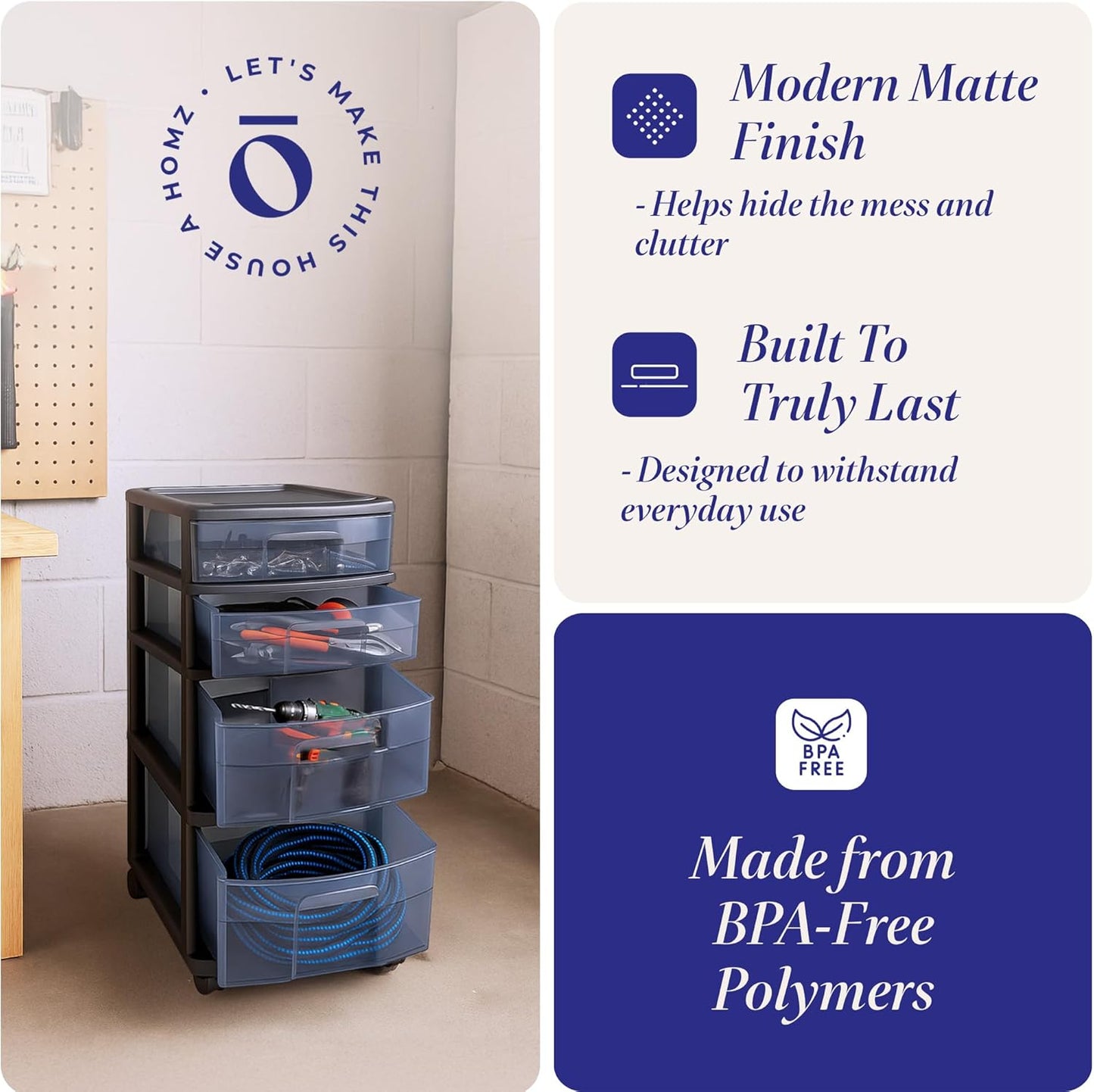 HOMZ Drawer Tower, 4-Tier Clear Plastic Storage Organizer Cart, Black Frame - Rolling Drawer Containers with Wheels for Bathroom, Bedroom, Office, and Classroom Organization