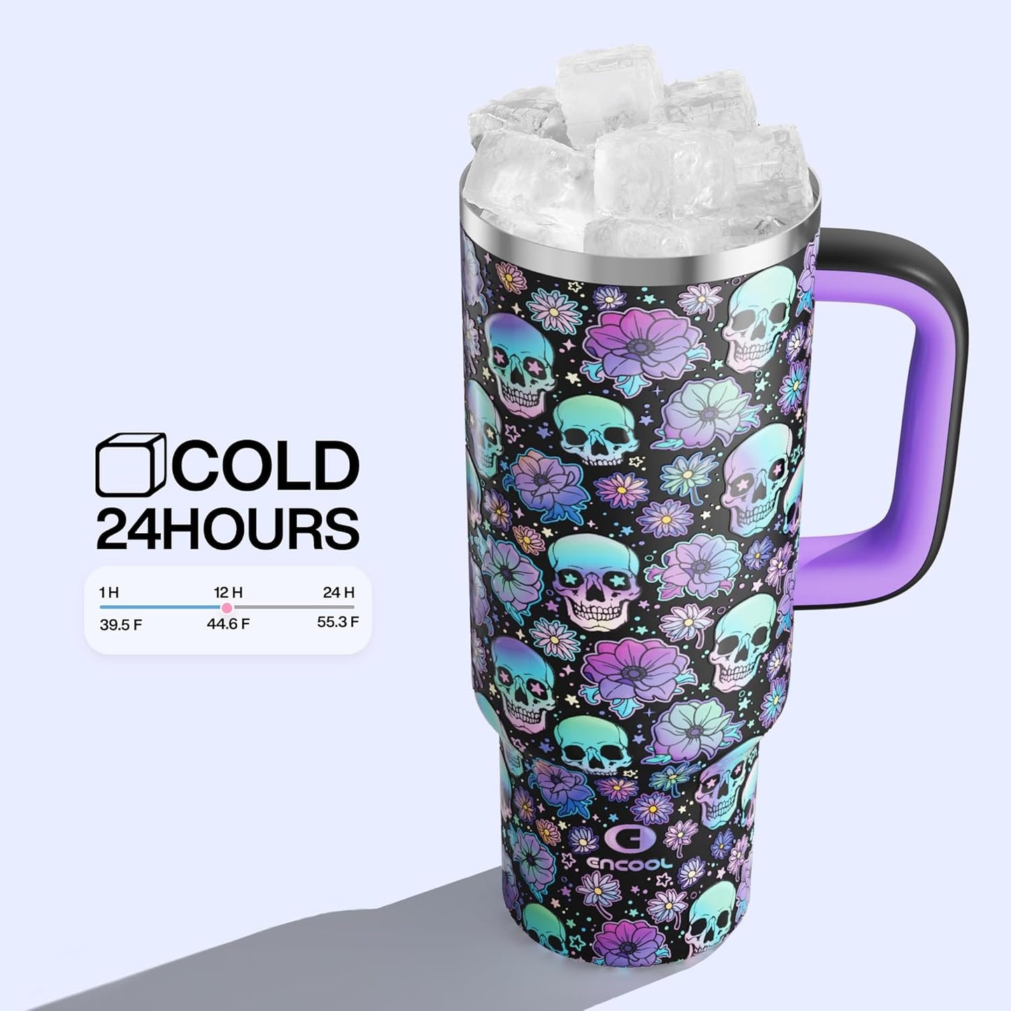 ENCOOL 40oz Halloween Tumbler with Handle and Straw, Stainless Steel Insulated Water Bottle with Straw, Leak-Proof, Cup Holder Friendly, Keeps Cold 24 H, Gifts for Women Men, Floral Afterlife