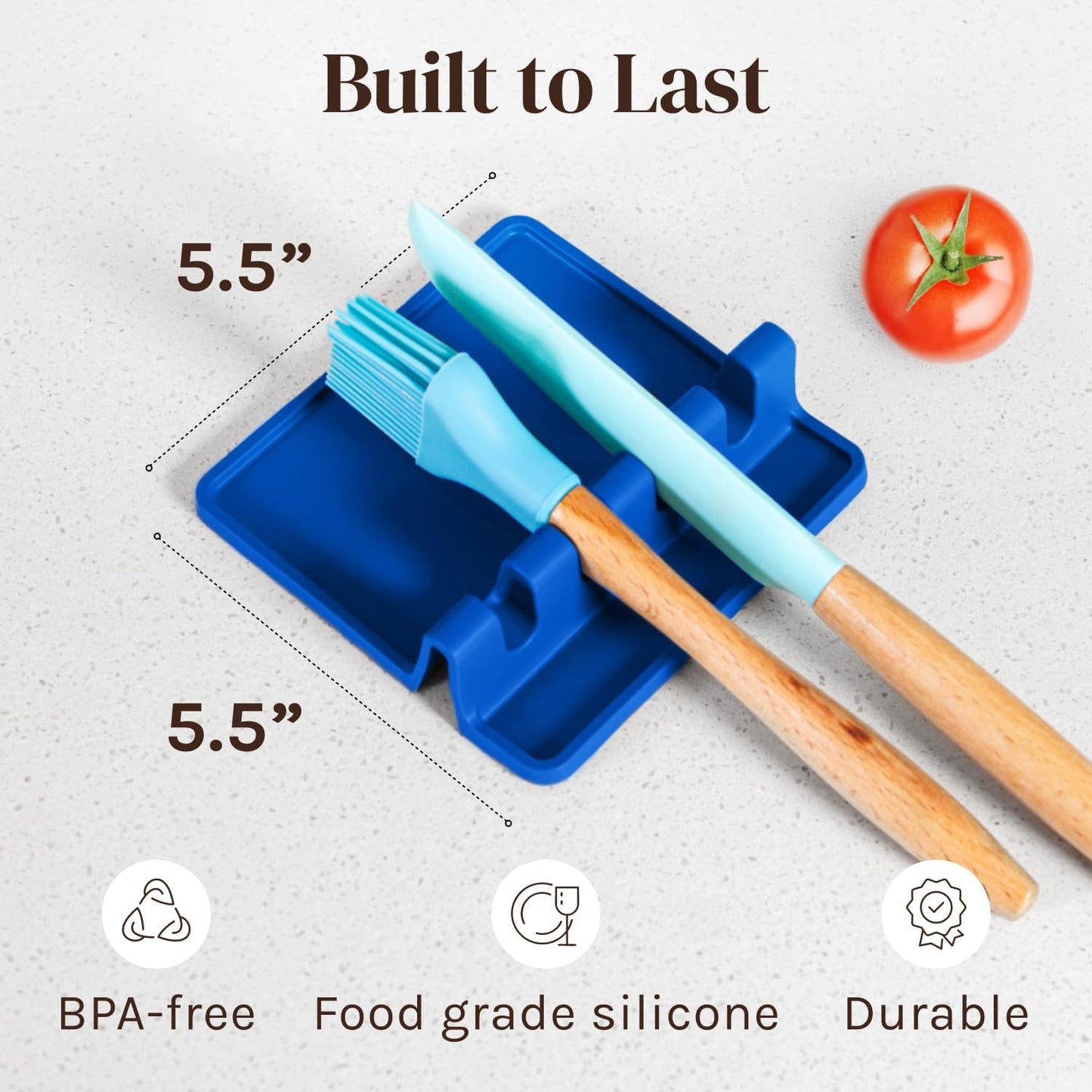 Blue Silicone Spoon Rest for Stove Top with Drip Pad (Two Pack) - Heat Resistant BPA Free Utensil Rest & Spoon Holder for Kitchen Counter - Grill Utensil Holder - Spatula Holder, Tongs, Ladle