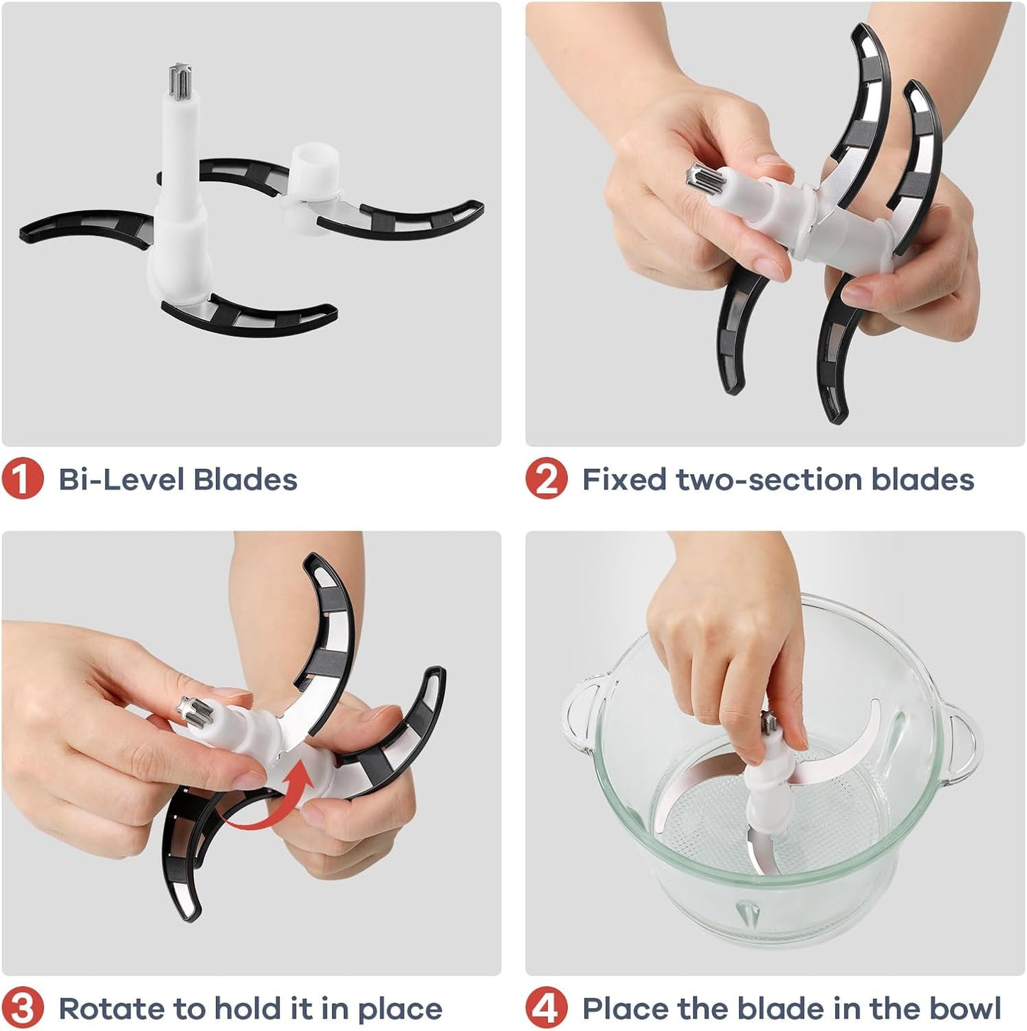 GANIZA Food Processors, Electric Food Chopper with Meat Grinder & Vegetable Chopper - 2 Bowls (8 Cup+8 Cup) with Powerful 450W Copper Motor - Includes 2 Sets of Bi-Level Blades (B0FNCM5JNM)