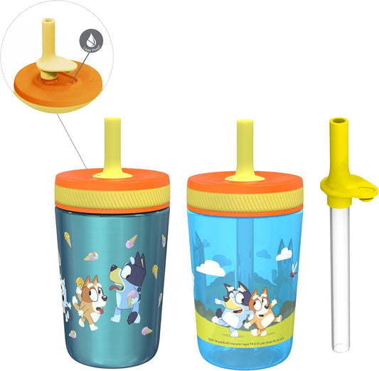 Zak Designs Bluey Kelso Tumbler Set, Leak-Proof Screw-On Lid with Straw, Bundle for Kids Includes Plastic and Stainless Steel Cups with Bonus Sipper, 3pc Set (Pack of 12)