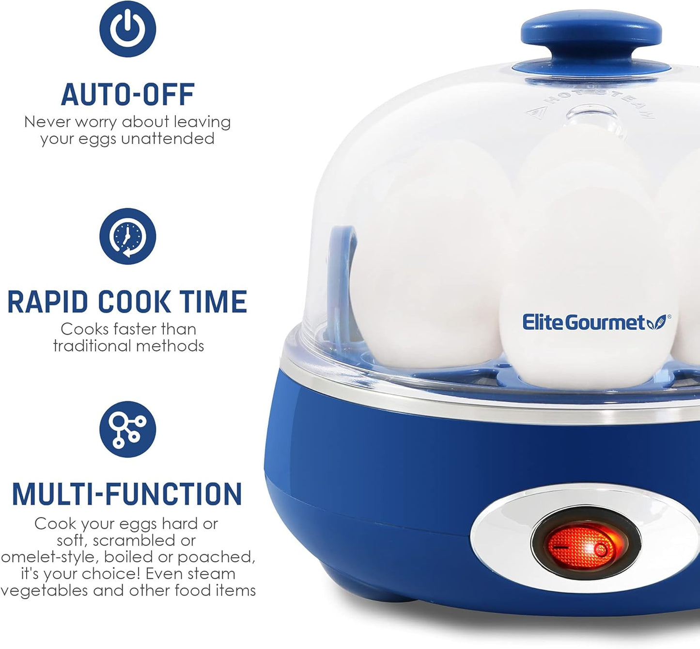 Elite Gourmet EGC007CBL# Rapid Egg Cooker, 7 Easy-To-Peel, Hard, Medium, Soft Boiled Eggs, Poacher, Omelet Maker, Auto Shut-Off, Alarm, 16-Recipe Booklet, BPA-Free, Cobalt