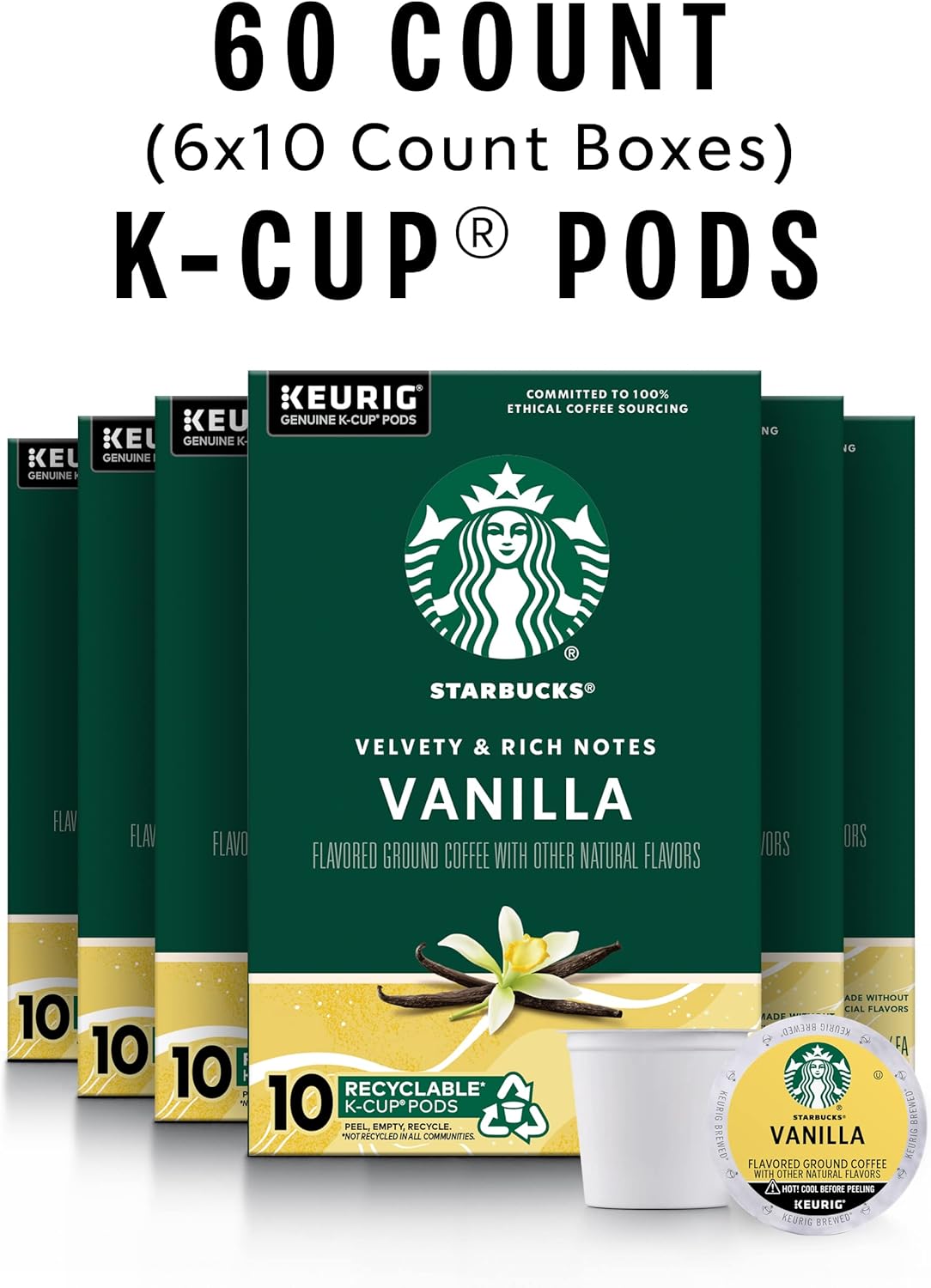 Starbucks K-Cup Coffee Pods, Vanilla Flavored Coffee, Naturally Flavored, 100% Arabica, 6 boxes (60 pods total)