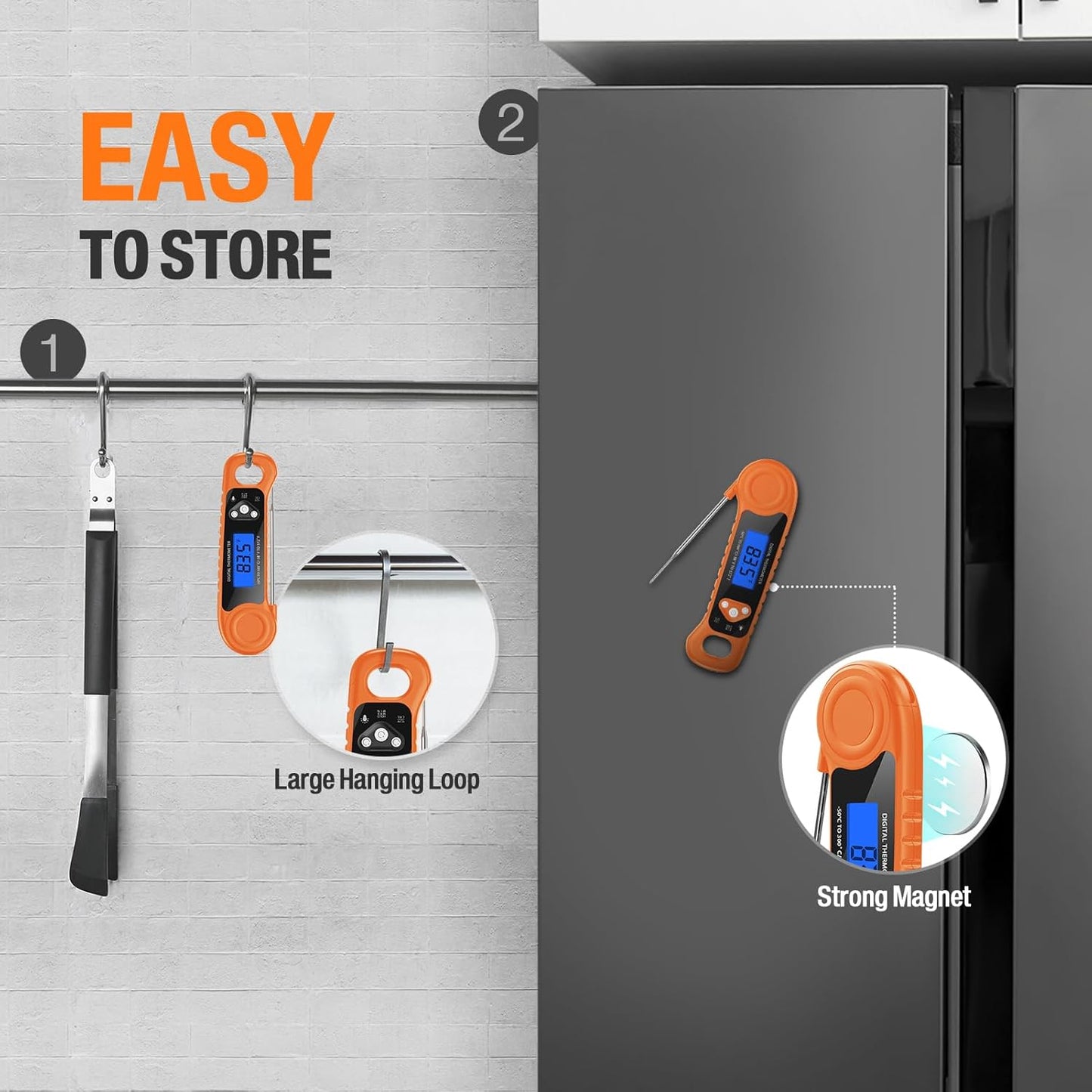 Digital Meat Thermometer for Grilling, Candy Thermometer Instant Read Food Thermometer Waterproof with Backlight for Cooking, Deep Fry, BBQ, Grill, Smoker and Roast (Orange)