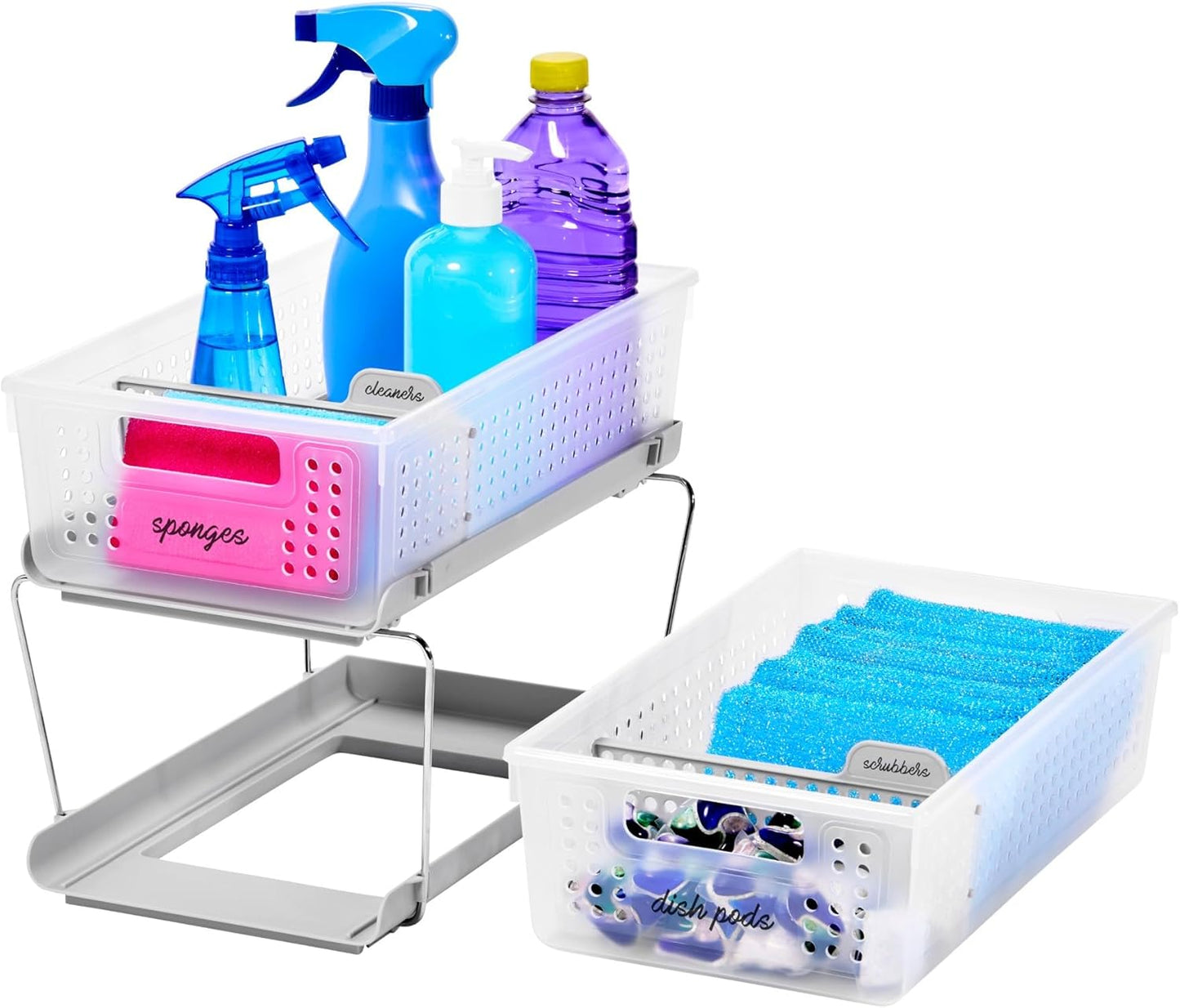 madesmart 2-Tier Organizer, Multi-Purpose Slide-Out Storage with Handles and Dividers for Home and Bath, Easy Assembly, BPA Free, Frost