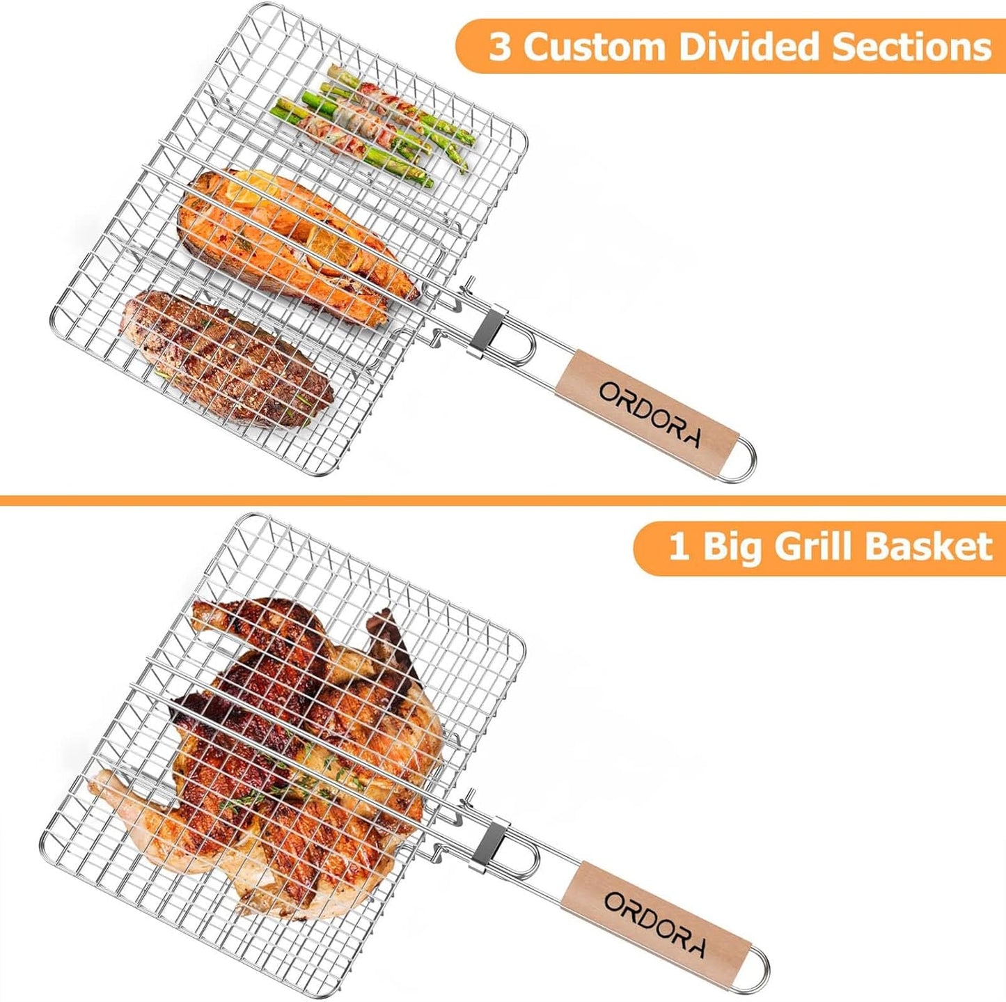 ORDORA Grill Basket, Fish Grill Basket, Rustproof Stainless Steel BBQ Grilling Basket for Meat,Steak etc, Grill Accessories,Grilling Gifts for Men Dad