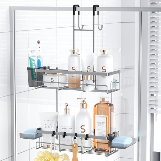 Hanging Shower Caddy Over Door: Silver Rustproof Shower Organizer over the Door - No Drilling Bathroom Rack for Inside Shower