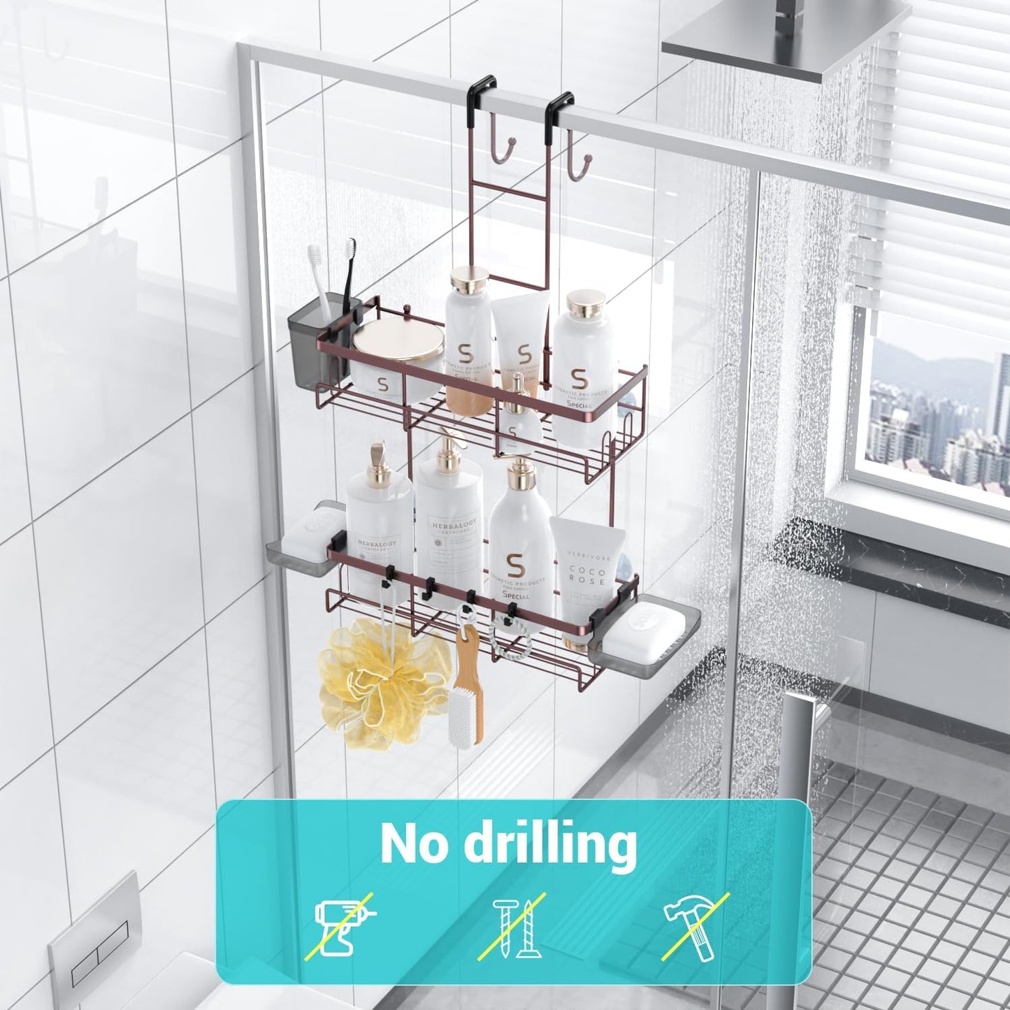 Over the Door Hanging Shower Caddy: Rustproof Hanging Organizer over the Door - No Drilling Bathroom Rack for Inside Shower Bronze