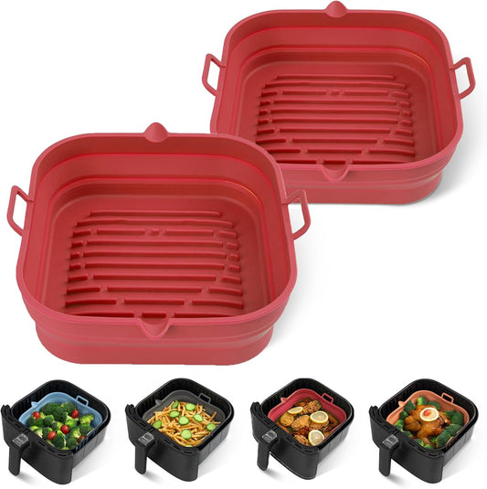 [2 Pack] Silicone Air Fryer Liners Square - Reusable Airfryer Silicone Basket - Easy to Clean Air Fryers Silicone Pot for 5.8 to 8 Qt Large Air Fryer Baking Tray Oven Accessories, 8.5 Inch