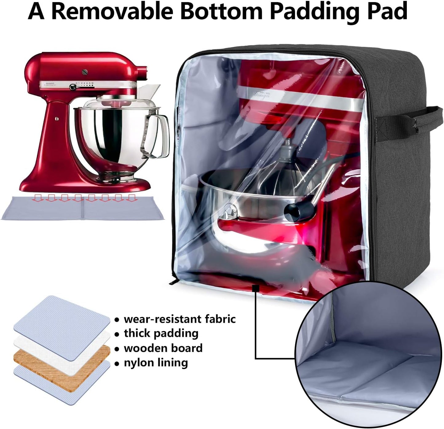 Luxja Dust Cover Compatible with 4.5-Quart and 5-Quart KitchenAid Mixers (with a Bottom Padding Pad), Dust Cover (Clear Front Panel) for Stand Mixers and Extra Accessories, Black (Patented Design)