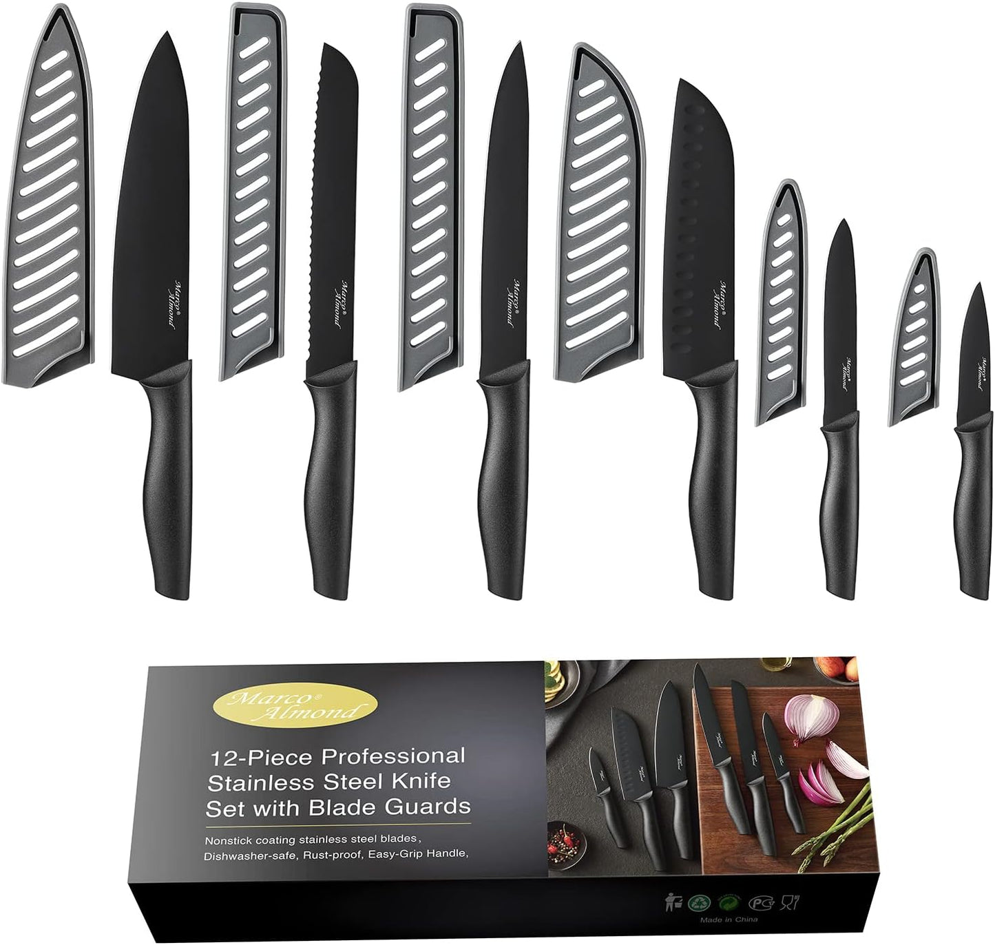 Kitchen Knife Set, KYA38 12-Piece Kitchen Knives Set with Covers, Marco Almond® 6 Knives with 6 Blade Guards, Stainless Steel Cooking Knives Set for Kitchen, Black