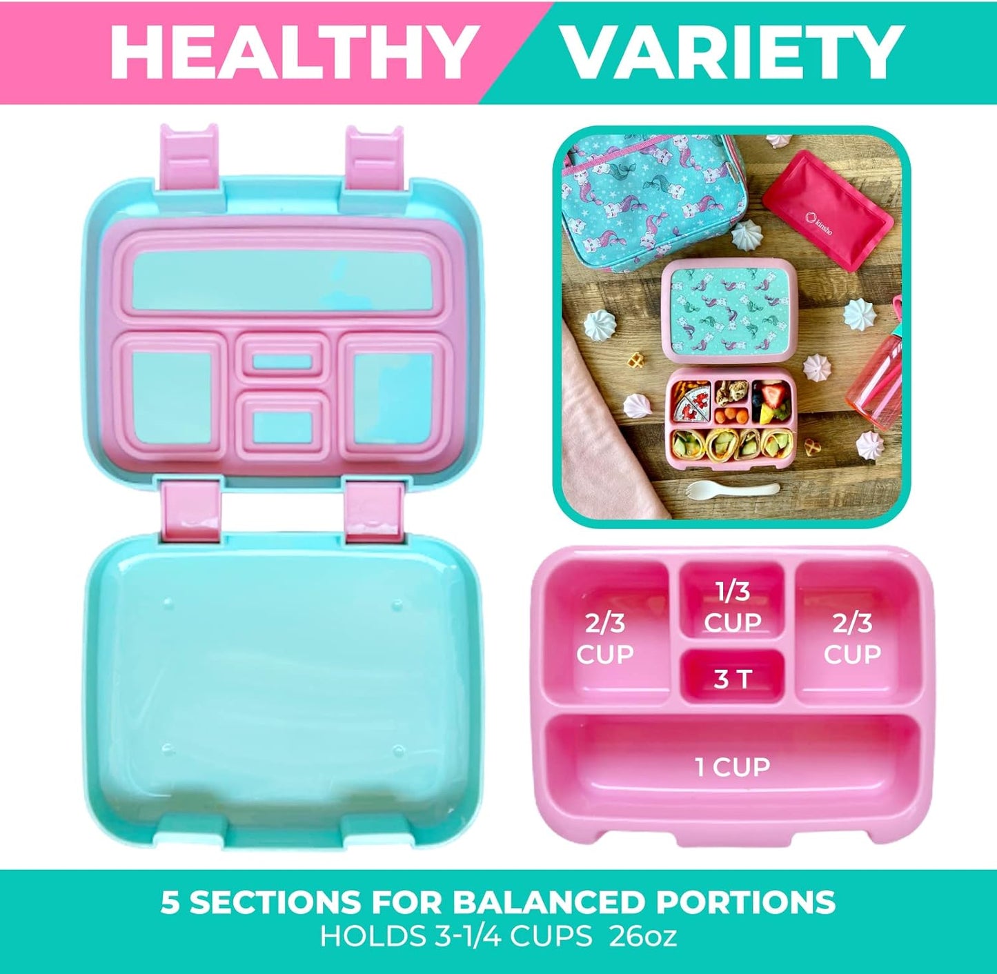 kinsho Bento Lunch Box. Insulated Bag, Water Bottle & Ice Pack Set for Kids, Toddlers, Girls. 5 Portion Sections, Removable Tray, Pre-School Toddler Daycare Lunches, Snack Container, Aqua Cat Mermaid