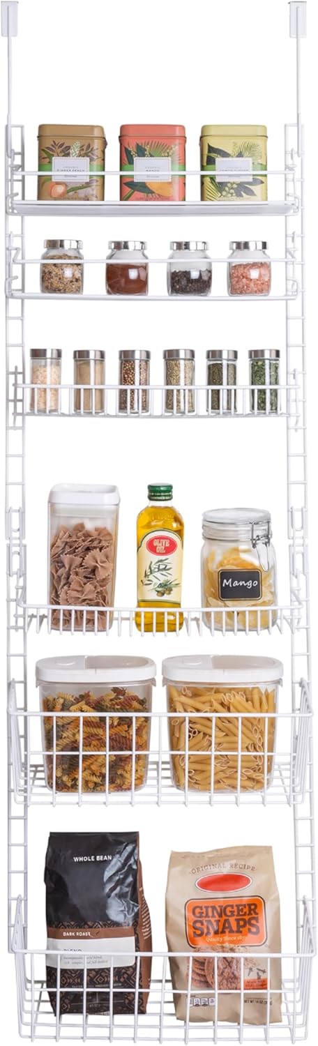 Smart Design Over The Door Adjustable Pantry Organizer Rack w/ 6 Adjustable Shelves - Steel Metal - Hanging - Wall Mount - Cans, Spice, Storage, Closet - Kitchen [White]