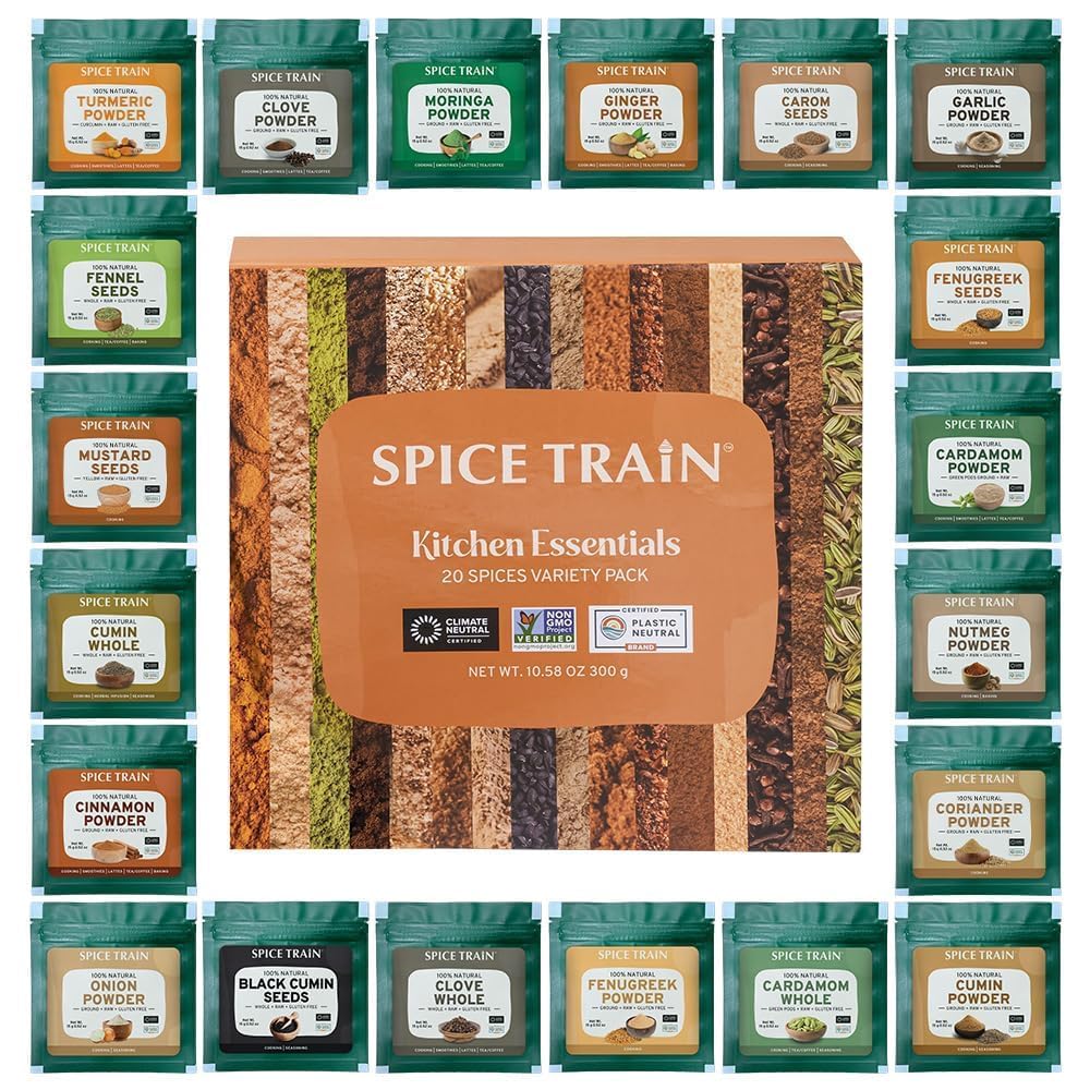 SPICE TRAIN, Assorted Spice Set – 20 Exotic Spices | Gluten-Free, Non-GMO | Essential Cooking Gift Set from India