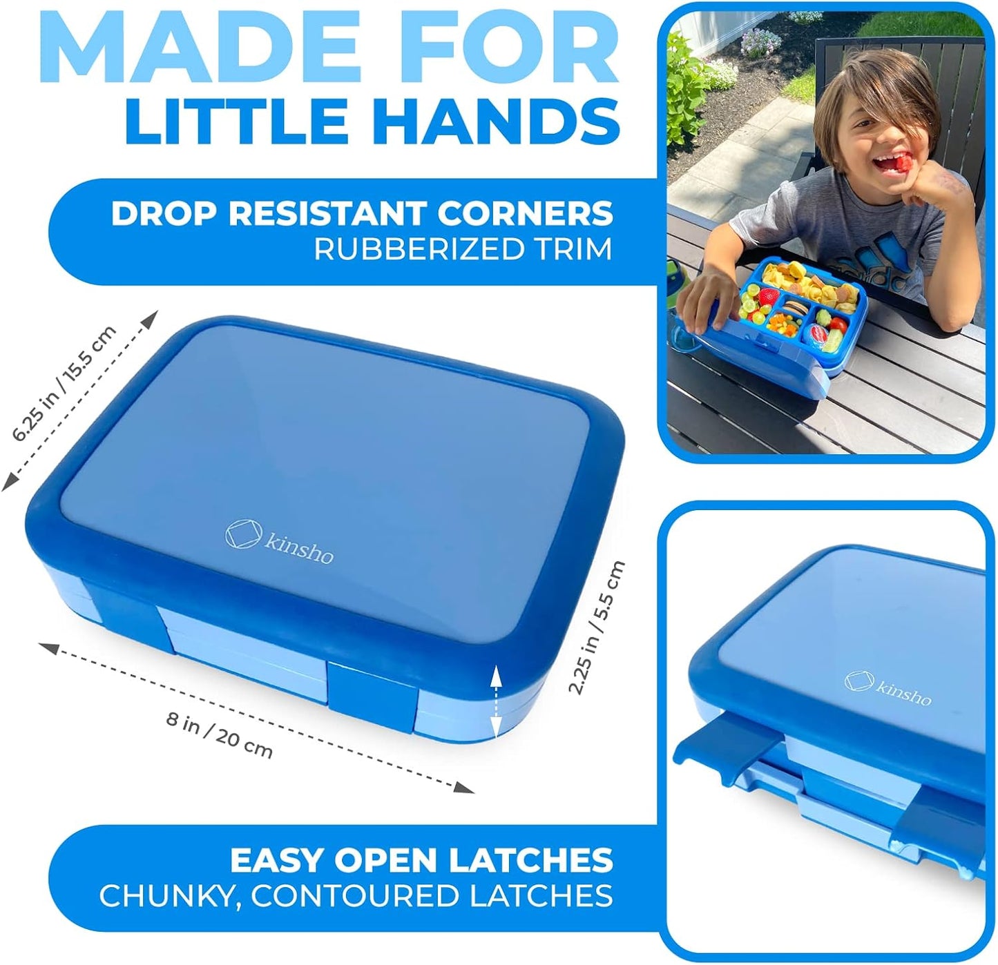 kinsho Bento Lunch Box for Kids Toddlers Boys, 5 Portion Sections Secure Lid, Microwave Safe BPA Free Removable Tray, Pre-School Kid Daycare Lunches Snack Container Ages 3 to 5, Blue