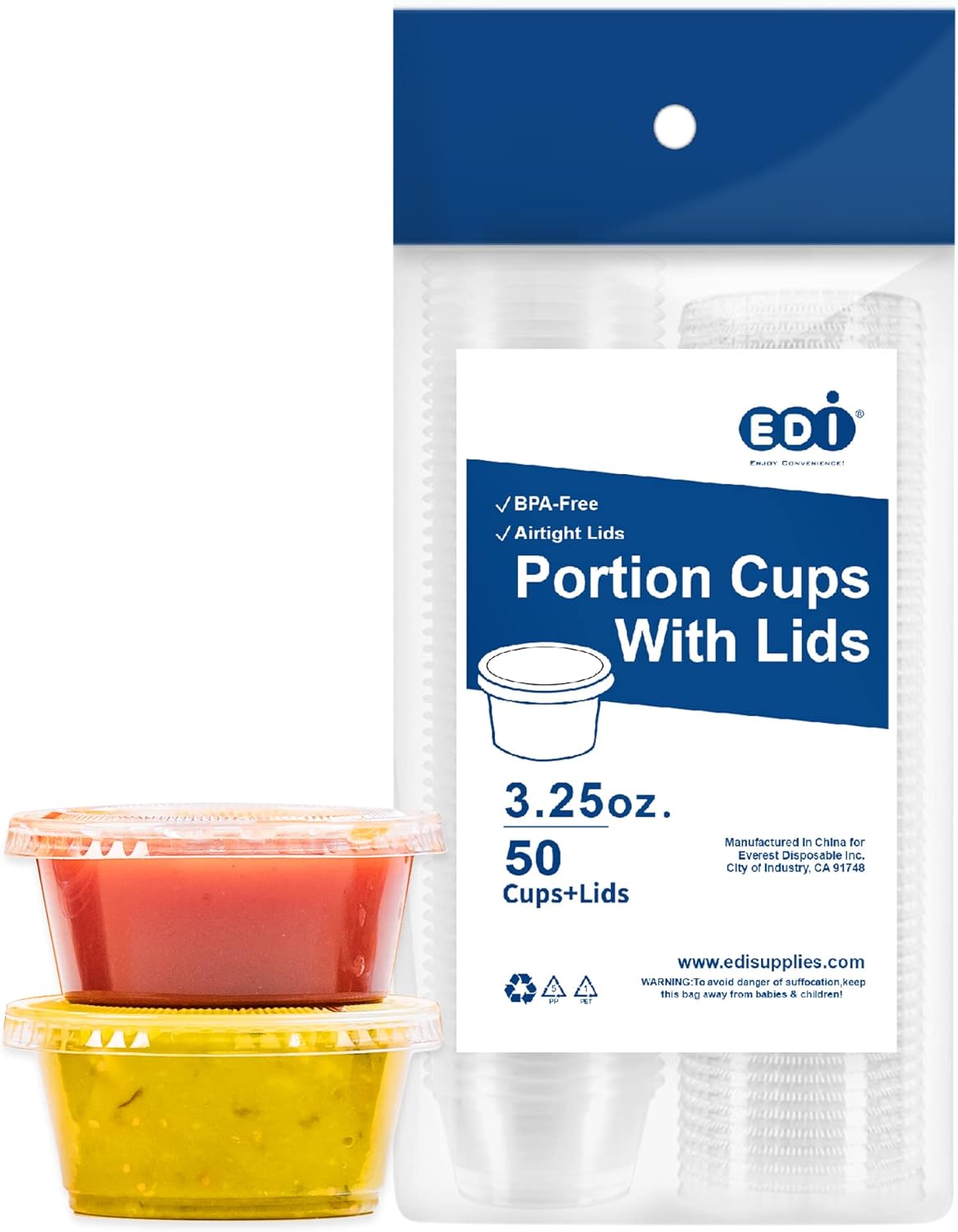 EDI Clear Disposable Plastic Portion Cups with Leakproof Lids - 50 Sets, 3.25 OZ, BPA Free, Recyclable - Jello Shot, Condiment & Dipping Sauce, Souffle Cups