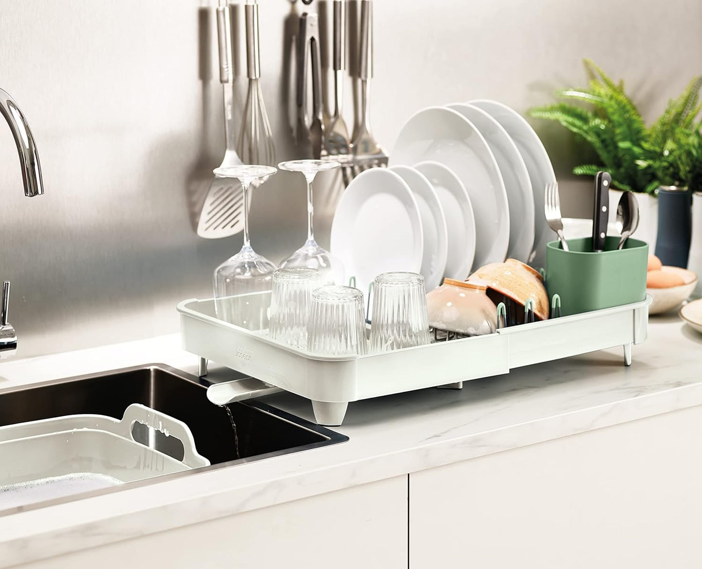 Joseph Joseph Extend Expandable Dish Drainer Rack with Removable Flatware Holder Swivel Draining Spout - Stone/Sage Green