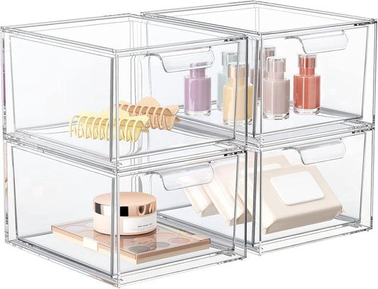 4 Pack Stackable Makeup Organizer and Storage, Acrylic Organizers，Clear Plastic Storage Drawer with Handles for Vanity, Undersink, Kitchen Cabinets, Pantry