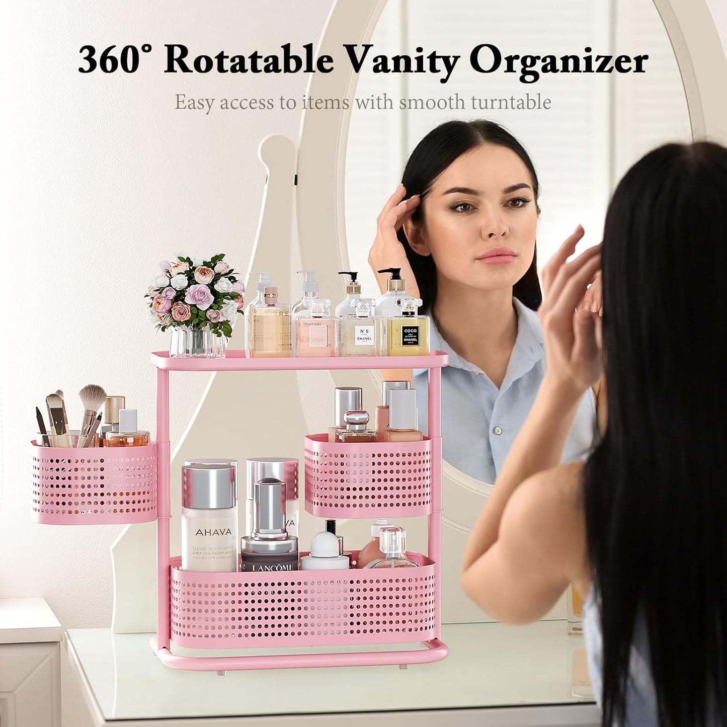 KINGRACK 3 Tier Bathroom Organizer Countertop, Multi-Purpose Makeup Organizer, Rotating Desktop Skincare Organizer, Vanity Tray Standing Rack for Bathroom, Pink