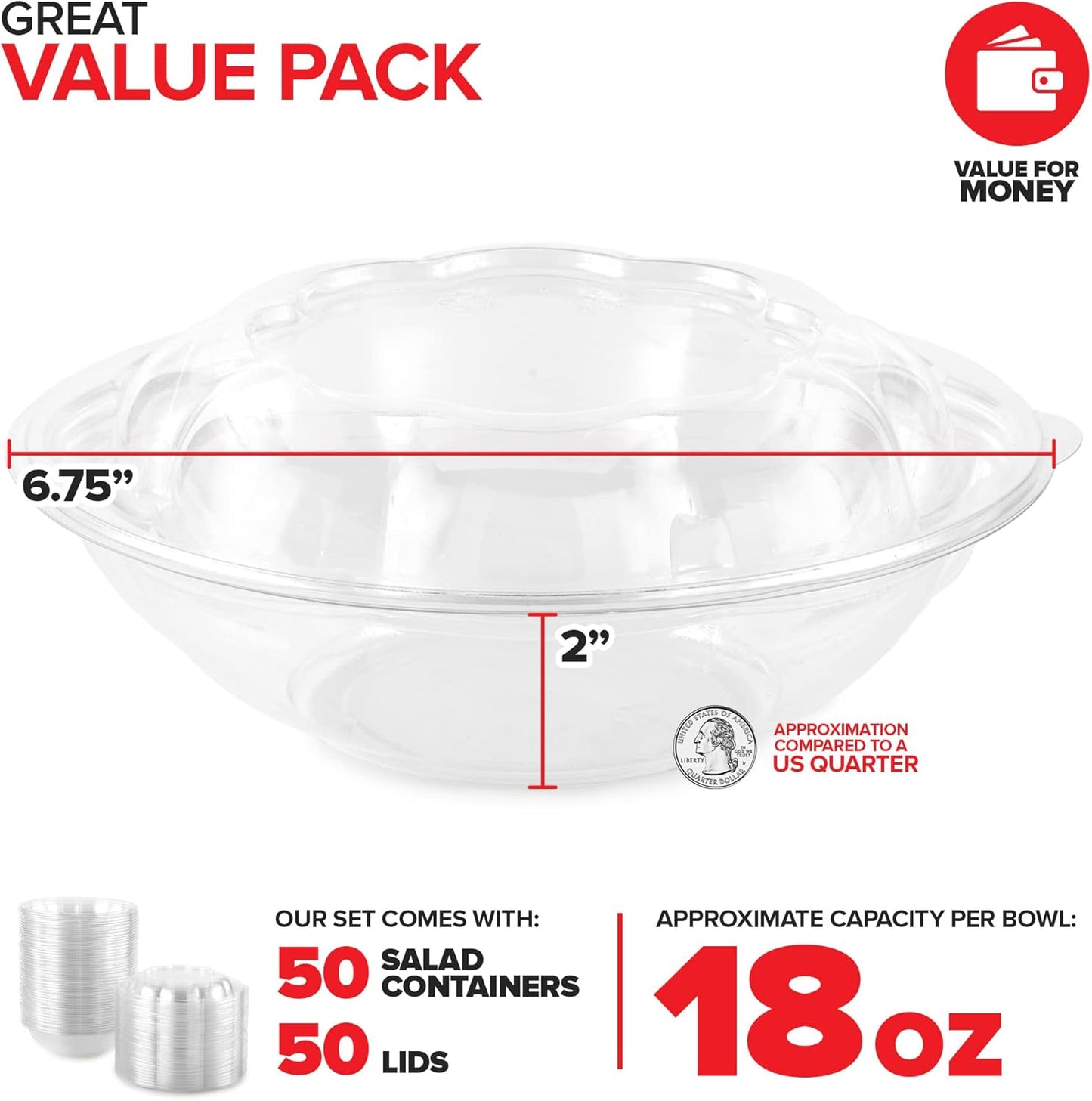 Stock Your Home 18oz Clear Plastic Salad Bowls with Lids Disposable (50 Pack) Mini Takeout Container with Snap on Lid for Fruit Salads, Quinoa, Lunch and Meal Prep, Acai Bowl, To-Go Party Containers