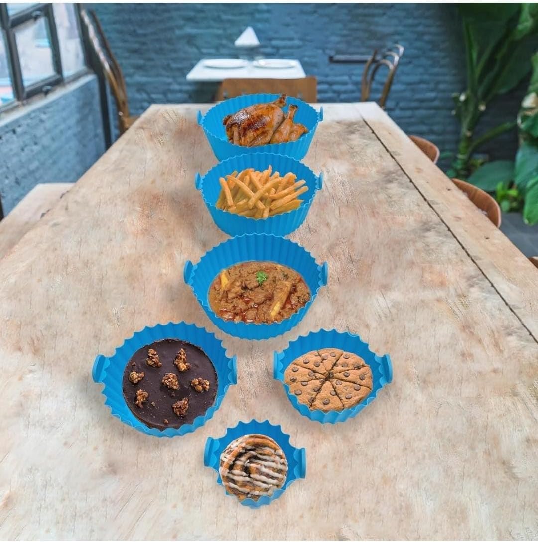 6 Pcs Non Stick Reusable Silicone Air Fryer Pot Heat Resistant Basket Oven Accessories Round Baking Tray (Multicolor)