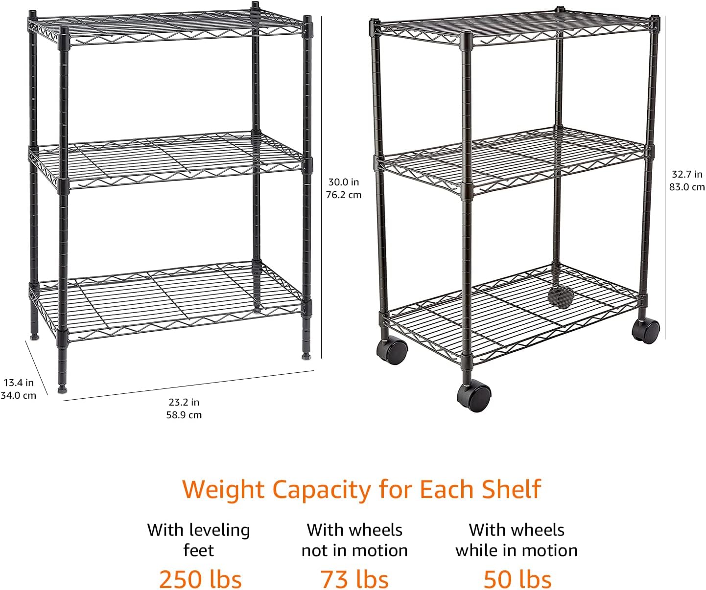 Amazon Basics 3-Shelf Adjustable, Heavy Duty Storage Shelving Unit on 2'' PP Plastic Wheel Casters, Metal Organizer Wire Rack, 23.2" L x 13.4" W x 32.75" H, Black