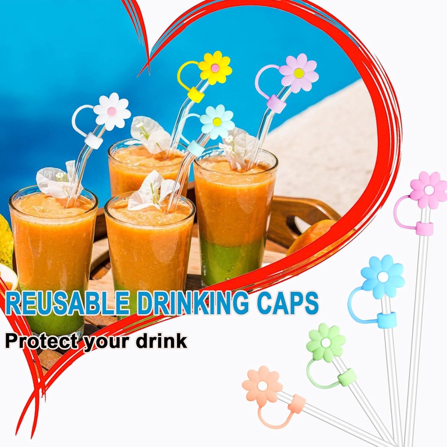 Straw Covers Cap Fit for Stanley Cup, 8Pcs Silicone Flower Straw Toppers Compatible for Stanley 30&40 Oz Tumbler, 10mm Drinking Straw Tip Covers Fit for Stanley Cups Accessories
