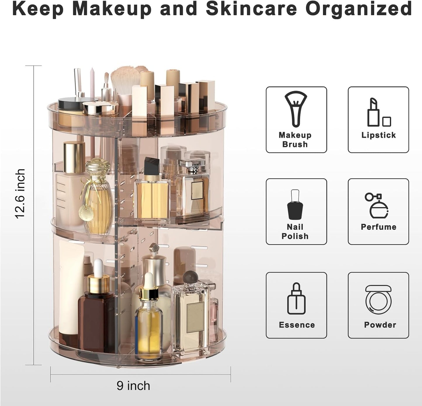 360 Rotating Makeup Organizer with Lipstick Slots, DIY 8 Adjustable Height Spinning Skincare Organizers, Brush and Perfume Storage Carousel, Cosmetic Display Case for Vanity Bathroom Countertop