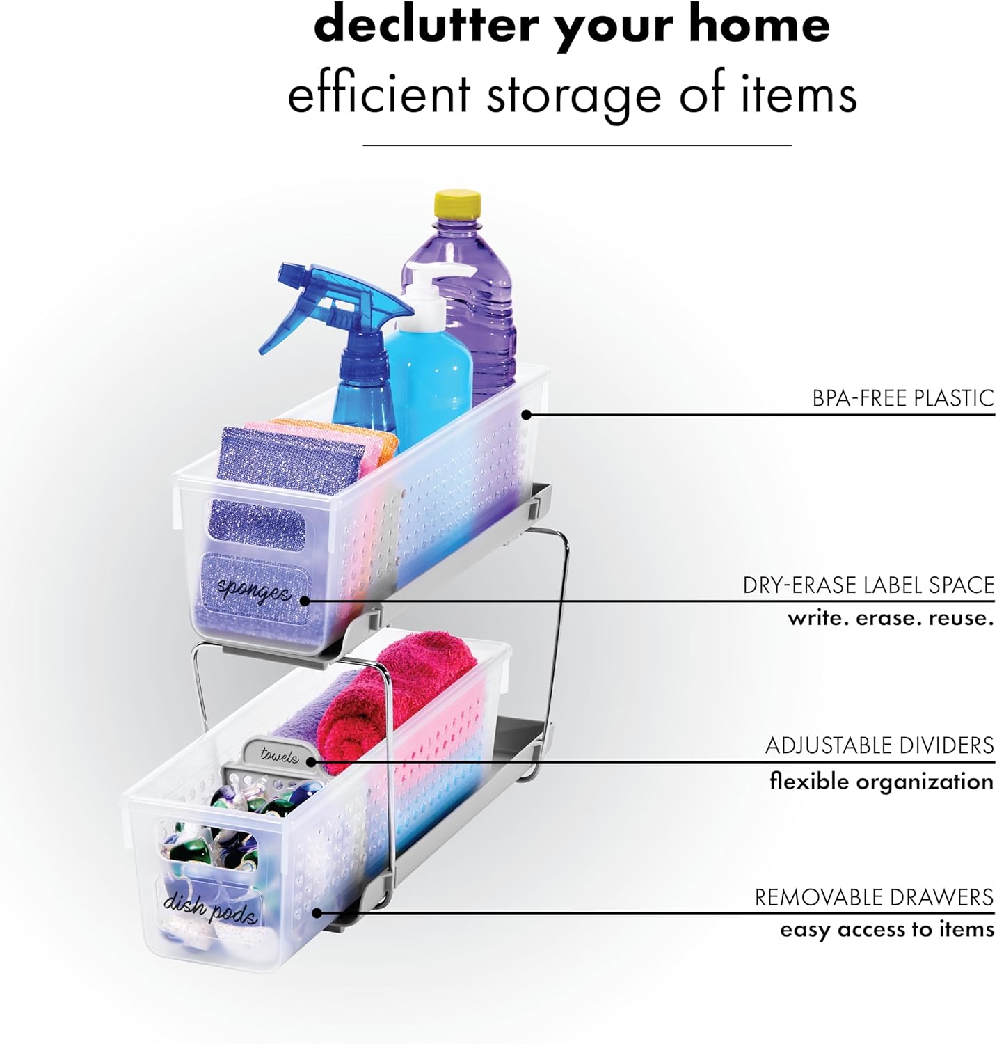 Madesmart 2-Tier Plastic Mini Multipurpose Organizer with Divided Slide-Out Storage Bins, Compact Under Sink and Cabinet Organizer Rack, Frost
