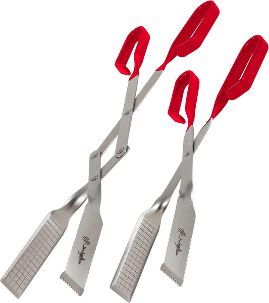 Shark BBQ Grill Tongs for Steaks - 2-Pack Gift Set - 17" & 13" Professional Kitchen and Outdoor Grilling Utensil Set (Red)