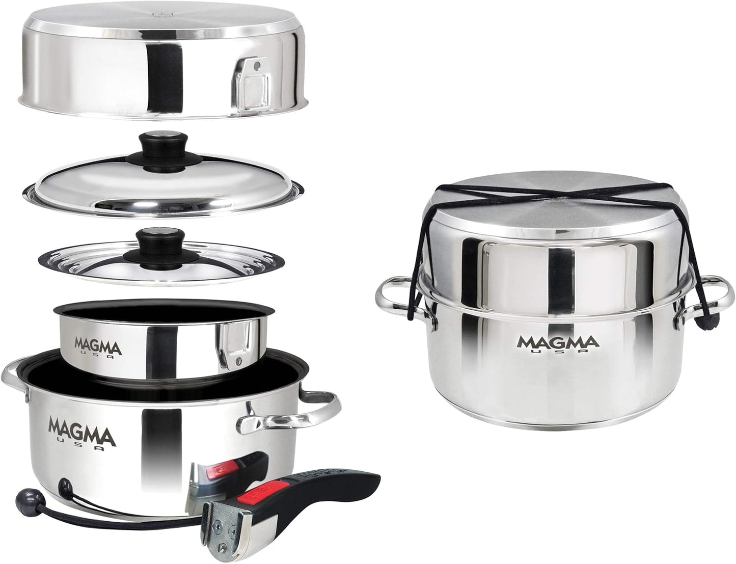 Magma 7 Piece Gourmet Nesting Stainless Steel Cookware Set with Ceramica Non-Stick, Induction Compatible, Oven Safe to 500°F - Suitable for All Stovetops, Removable Handles, Stainless Steel