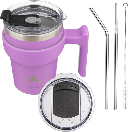 10 oz Tumbler with Handle and 2 Straw 2 Lid, Insulated Water Bottle Stainless Steel Vacuum Cup Reusable Travel Mug,Lavender