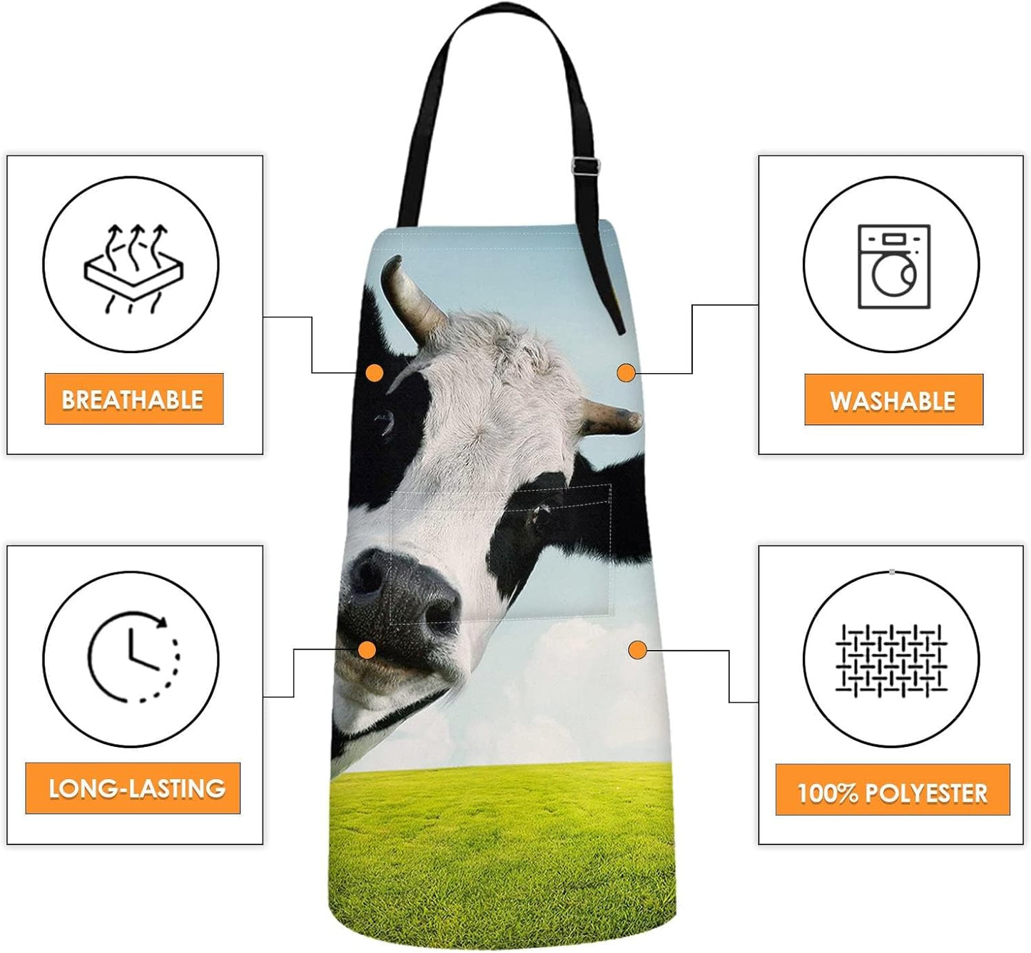 Britimes Apron Home Kitchen Waterproof Cooking Baking Gardening for Women Men With Pockets Funny Cow On Green Grassland 32x28 inch