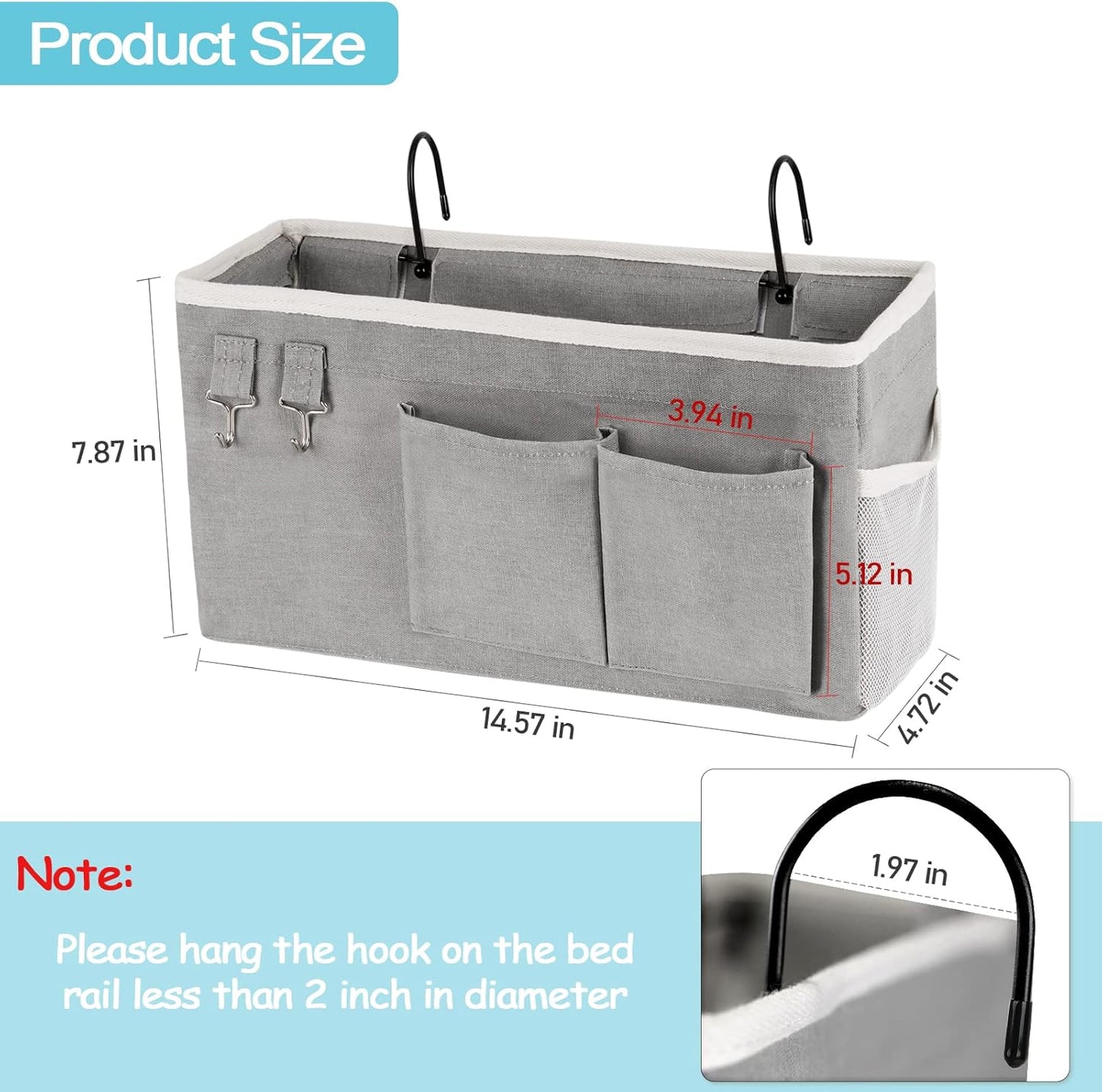 Loghot Bedside Caddy/Bedside Storage Bag Hanging Organizer for Bunk and Hospital Beds,Dorm Rooms Bed Rails,Can be Placed Glasses,Books,Mobile Phones,Keys (2pc Grey)