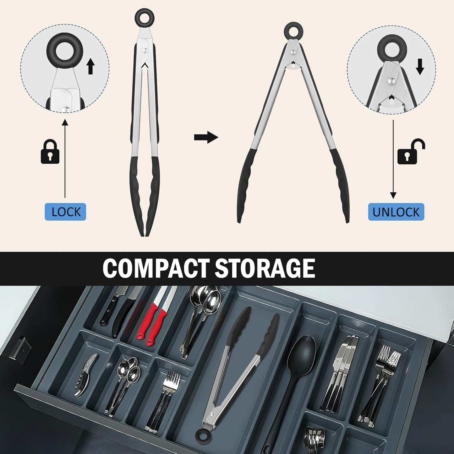 Kitchen Tongs, Stainless Steel Silicone Tongs for Cooking 600ºF High Heat-Resistant BBQ Grilling Locking Tongs, Set of 2-9" and 12" Black