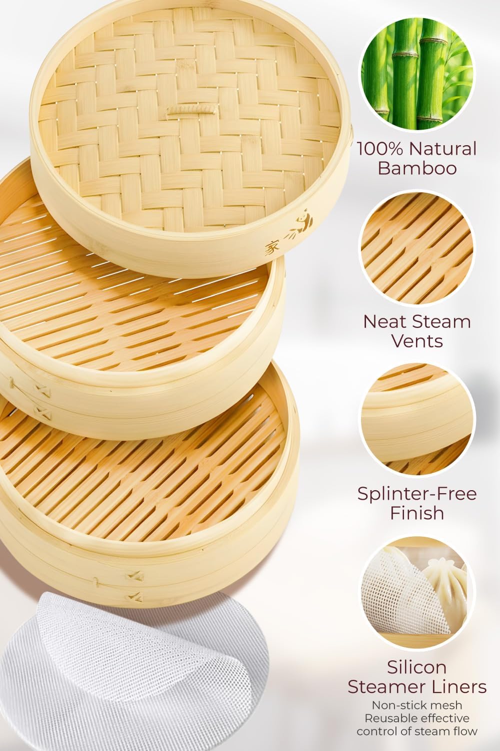 Prime Home Direct Bamboo Steamer Basket 8-Inch | 2-Tier Steamer for Cooking | 50 Liners | Small Instant Steaming Cookware Asian Food, Bao Buns, Chinese, Dim Sum, Dumpling, Rice, Vegetable Steam Pot