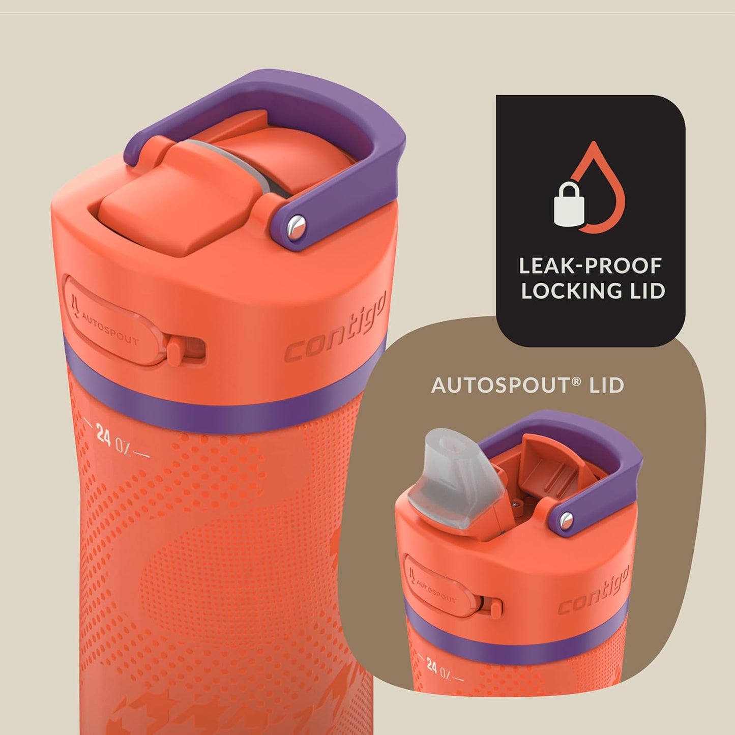 Contigo Ashland Chill 2.0 Stainless Steel Vacuum-Insulated Water Bottle with AUTOSPOUT Easy-Clean Lid, Leak-proof Drinking, Keeps drinks cold for 24 hours, BPA-Free, 24oz., Tangerine