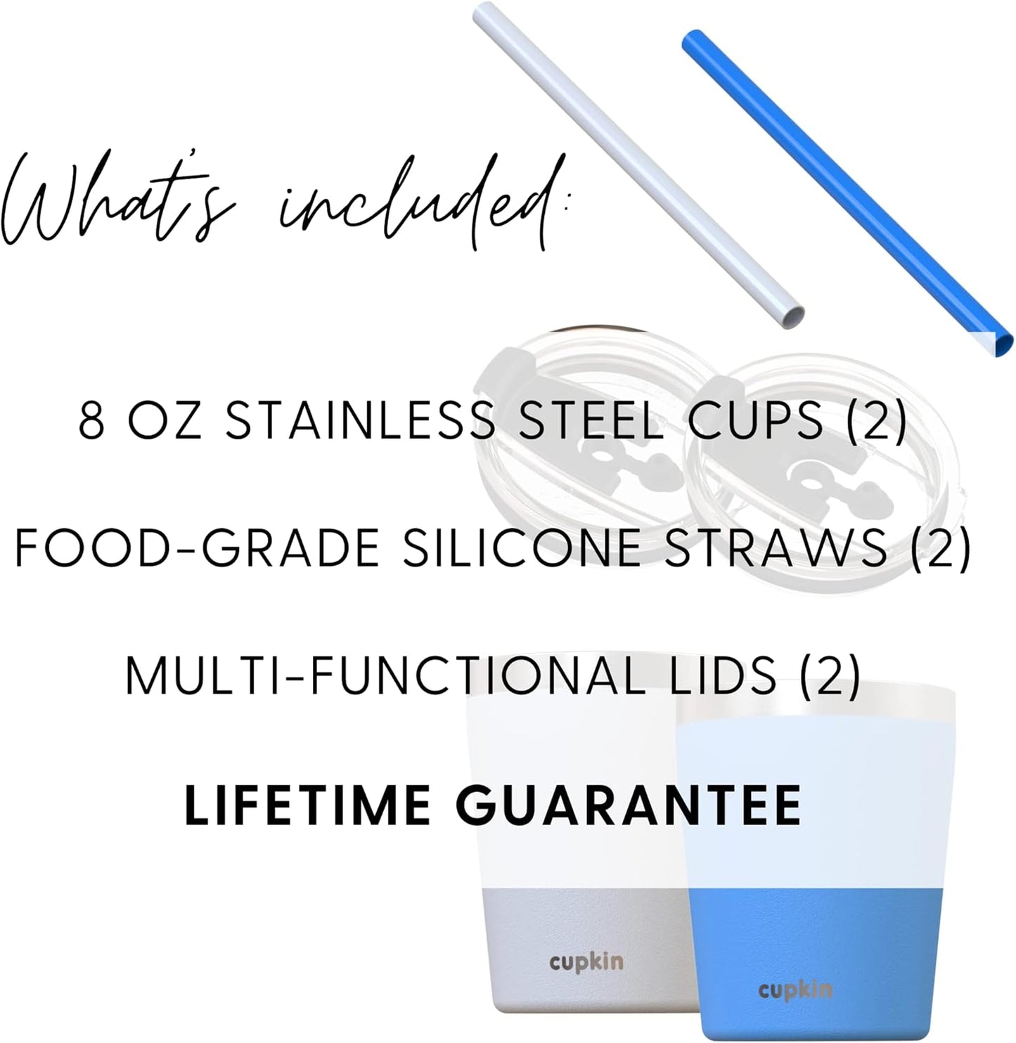 CUPKIN Kids Cup, The Original 8 oz Stackable Stainless Steel Kid Cups, Set of 2 Powder Coated Insulated Sippy Cup for 1+ Year Old Toddlers & BPA Free Lids & Reusable Silicone Straws (Blue + Gray)