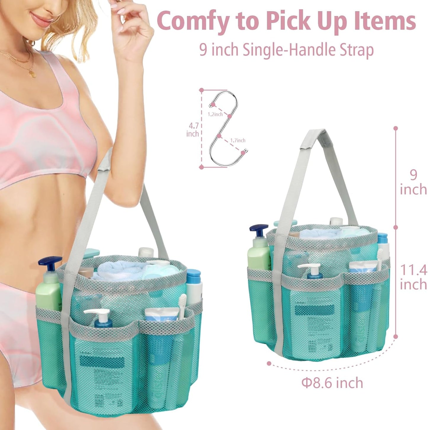 F-color Mesh Shower Caddy Portable, Large Capacity Shower Bag Basket Tote for College Dorm Room Toiletry Gym Rv Essentials, Bathroom with S Hook, Mint Green