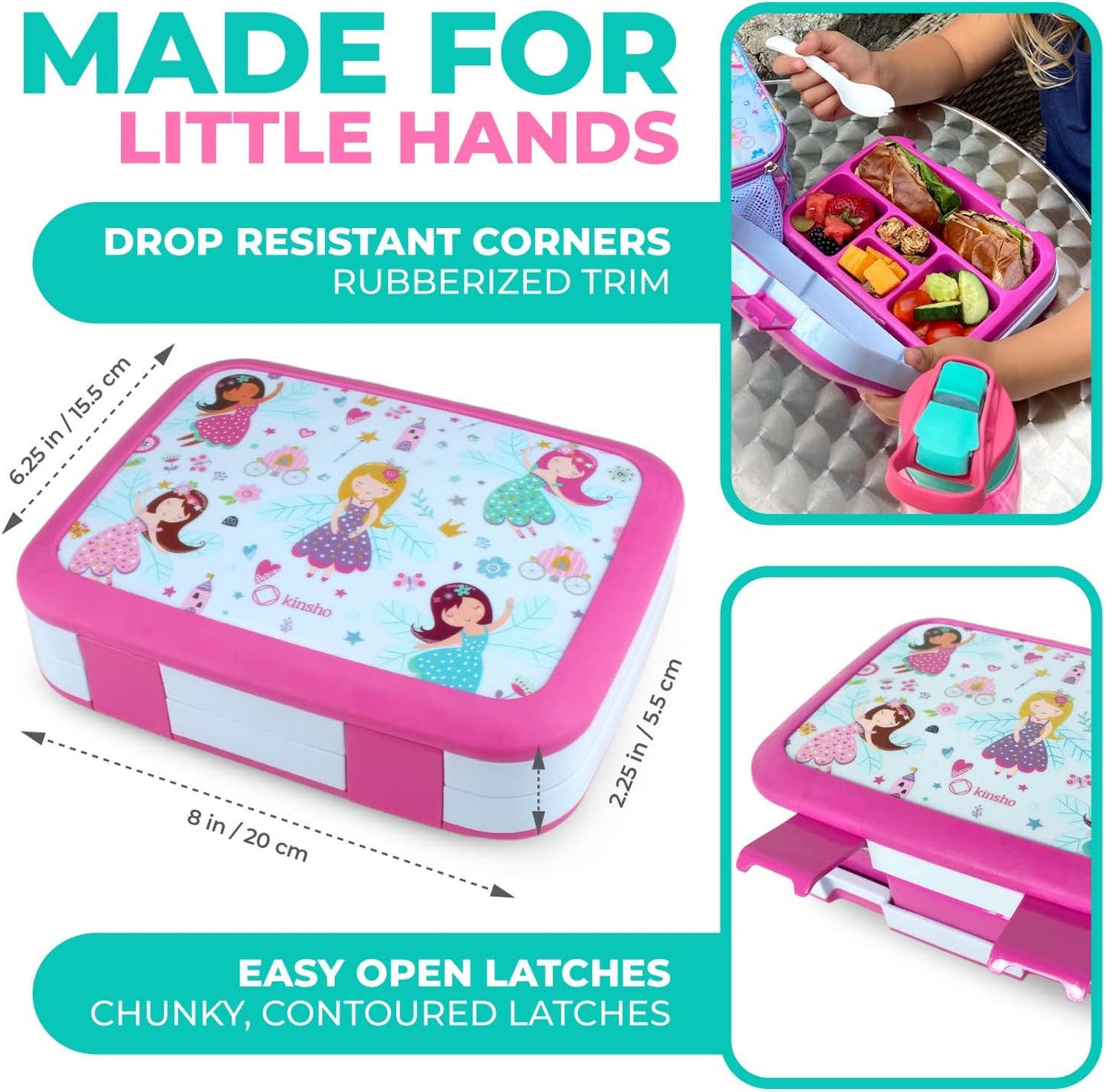 kinsho Bento Lunch Box for Kids Toddlers Girls, 5 Portion Sections Secure Lid, Microwave Safe BPA Free Removable Tray, Pre-School Kid Daycare Lunches Snack Container Ages 3 to 5, Pink Fairy Princess