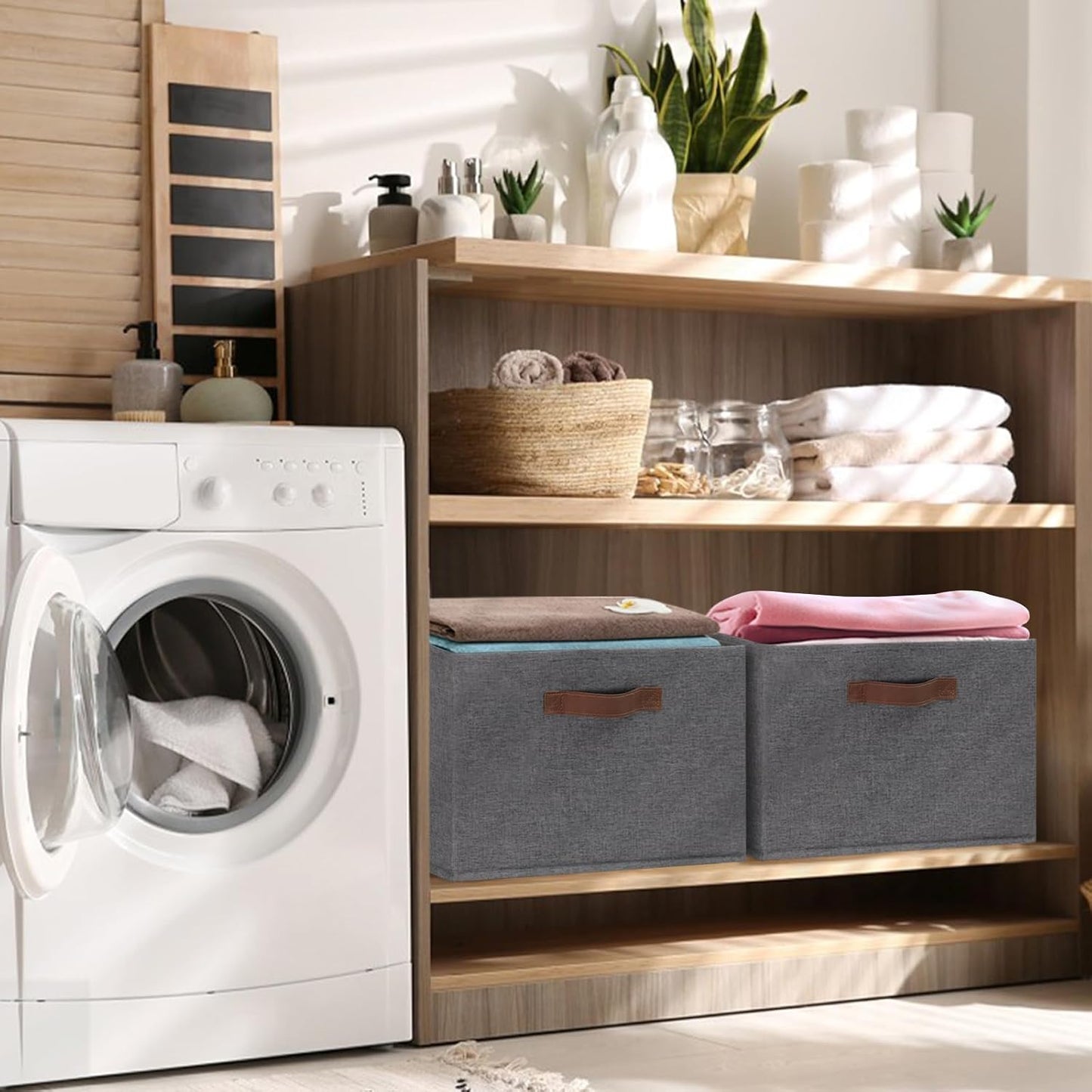 GhvyenntteS Large Fabric Storage Bins with 3 Handles, 15x11x9.6 Inch Storage Baskets for Shelves, Foldable Closet Storage Bins for Shelves, Closet Organizers and Storage Boxes, Gray